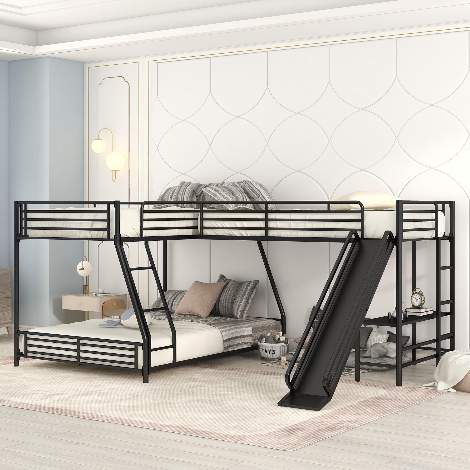 L-Shaped Twin over Full Bunk Bed with Twin Size Loft Bed; Built-in Desk and Slide