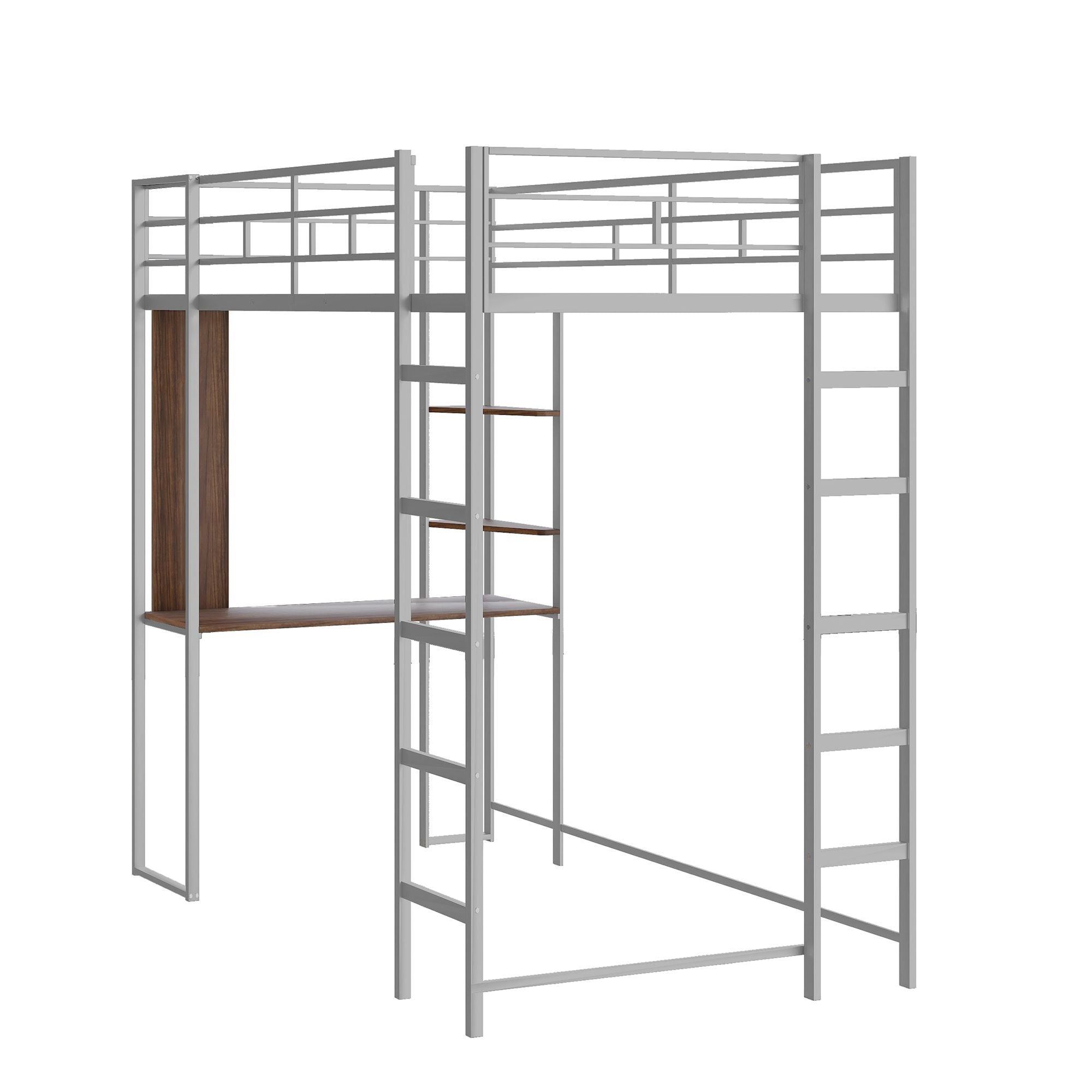 Twin Metal Loft Bed with 2 Shelves and one Desk