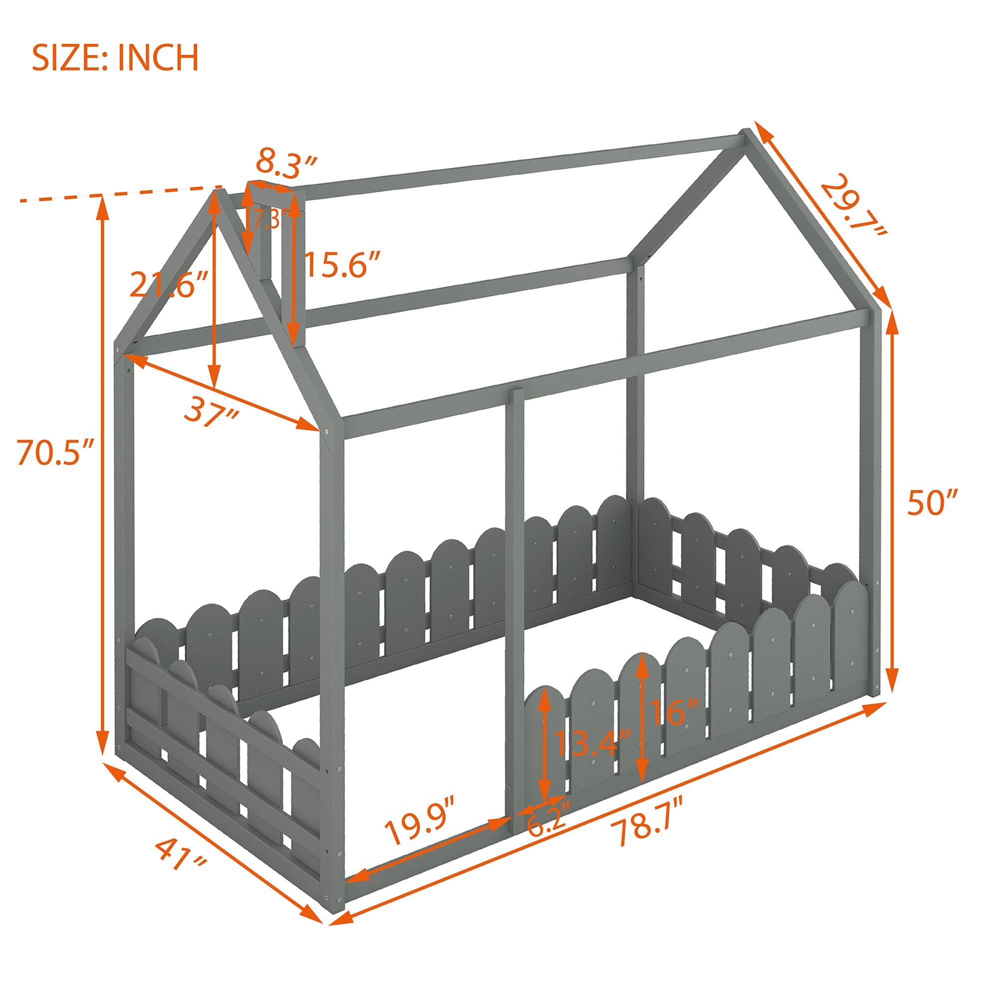 (Slats are not included) Twin Size Wood Bed House Bed Frame with Fence;  for Kids;  Teens;  Girls;  Boys