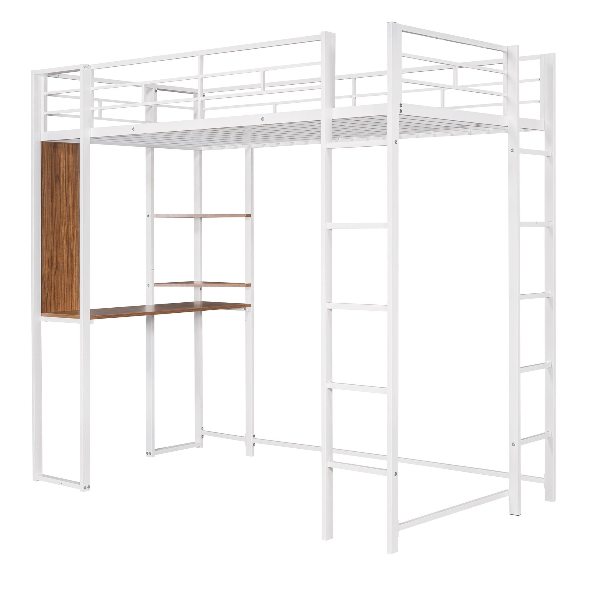 Twin Metal Loft Bed with 2 Shelves and one Desk