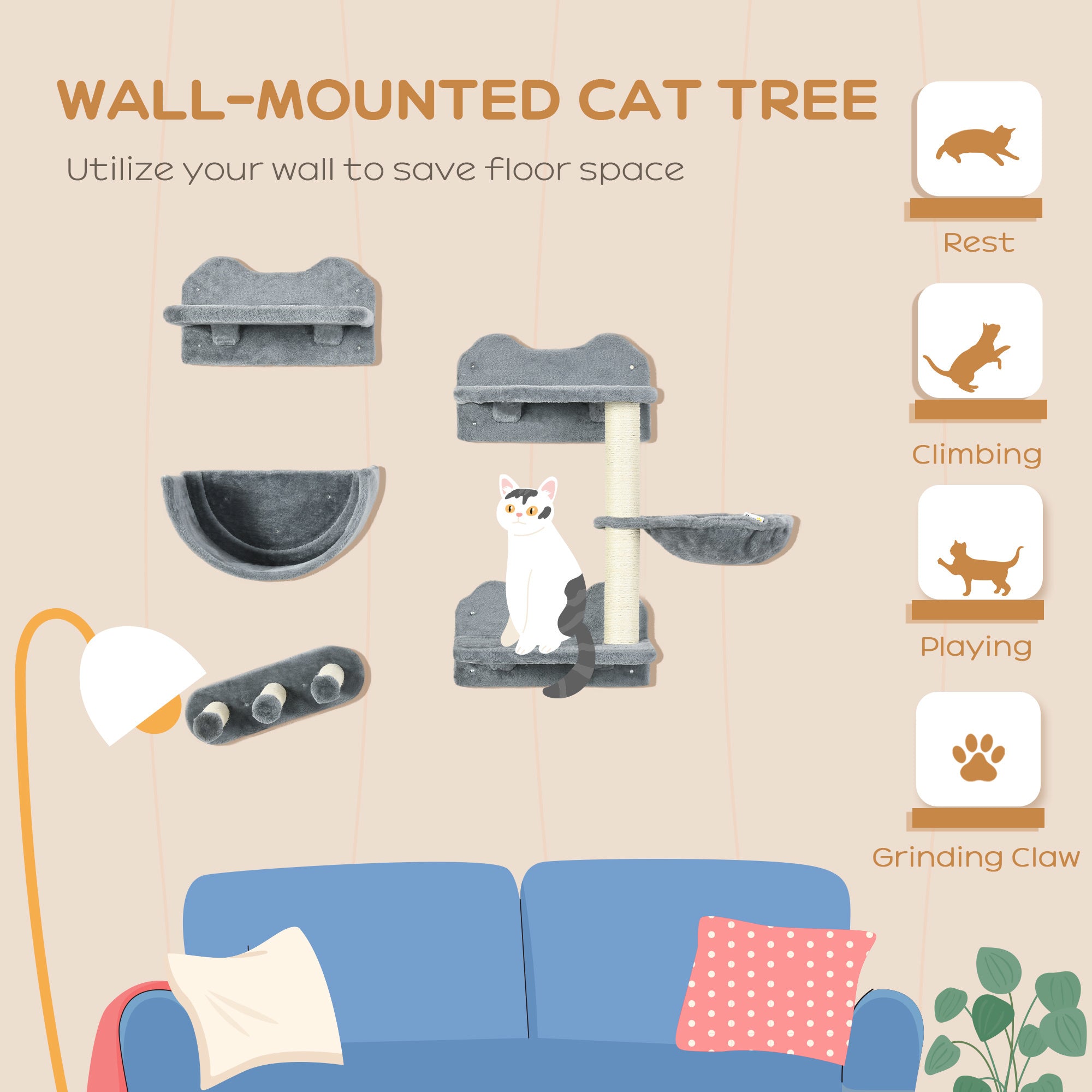 PawHut Cat Wall Shelves, 4 Pcs Cat Wall Furniture with Hammock, Perches & Scratching Post, Gray - Perfect for Climbing, Sleeping, and Playing