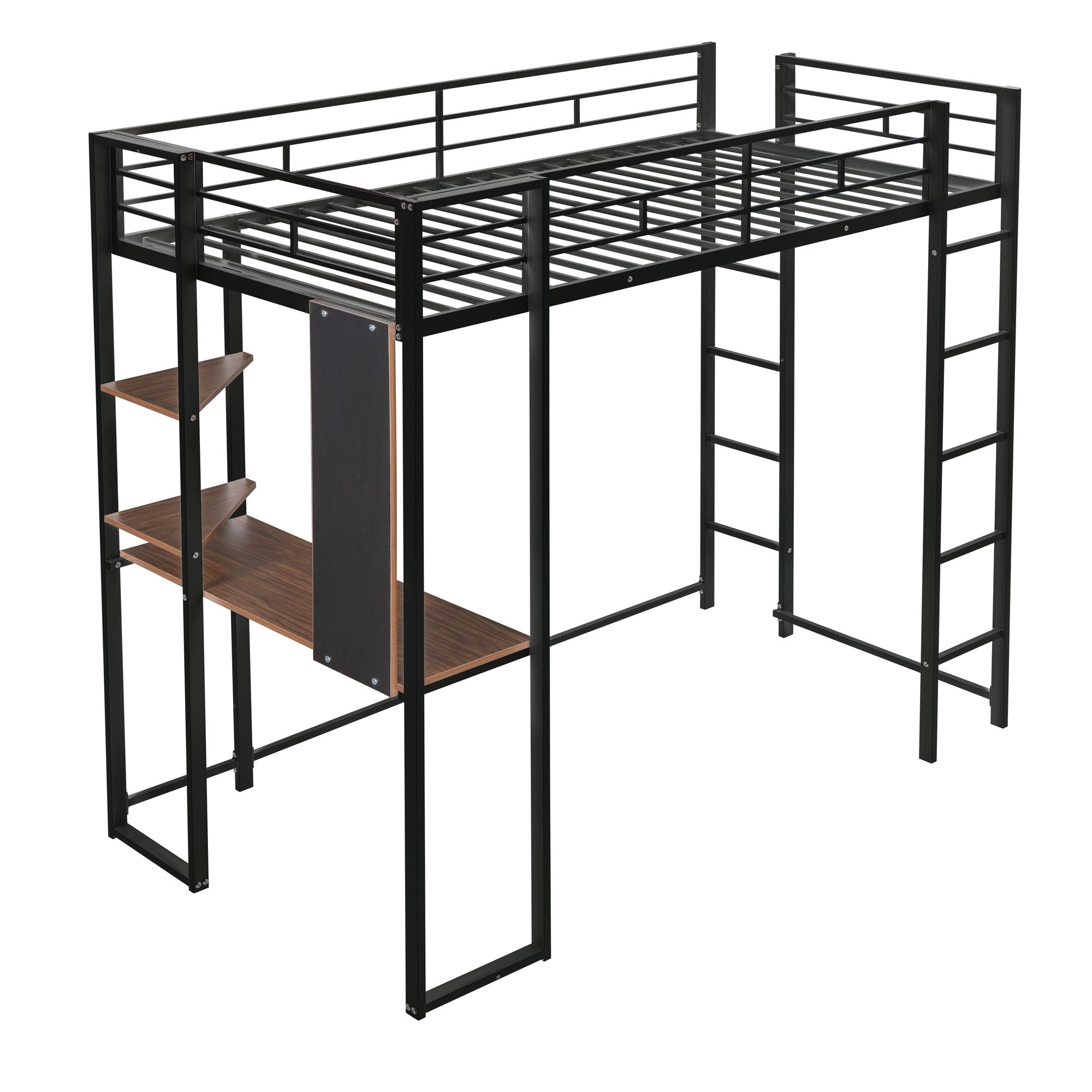 Twin Metal Loft Bed with 2 Shelves and one Desk