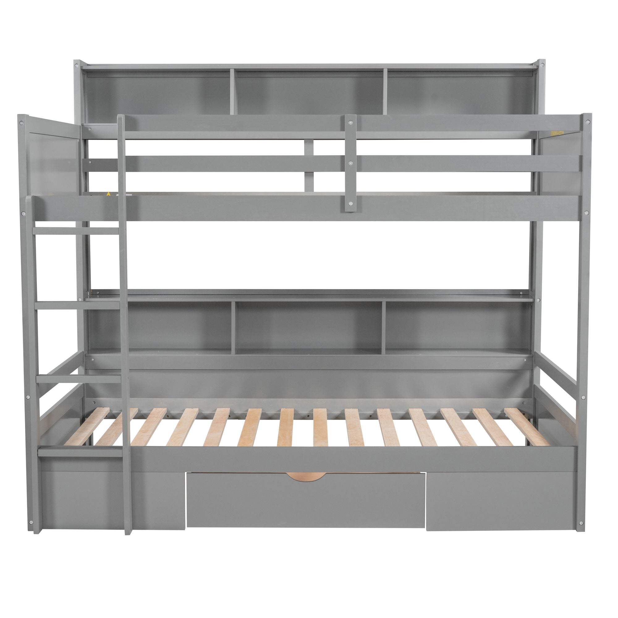 Twin Size Bunk Bed with Built-in Shelves Beside both Upper and Down Bed and Storage Drawe