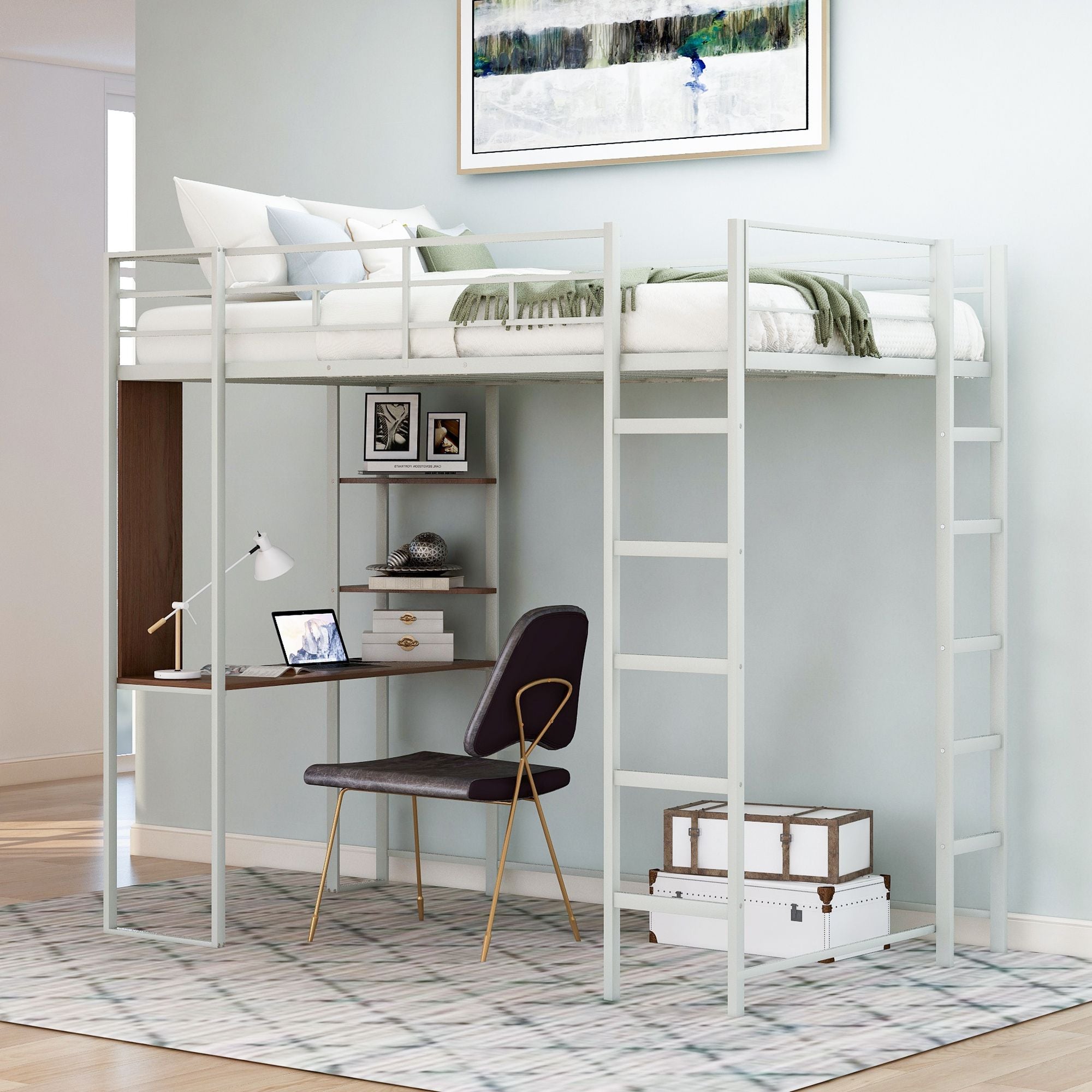 Twin Metal Loft Bed with 2 Shelves and one Desk