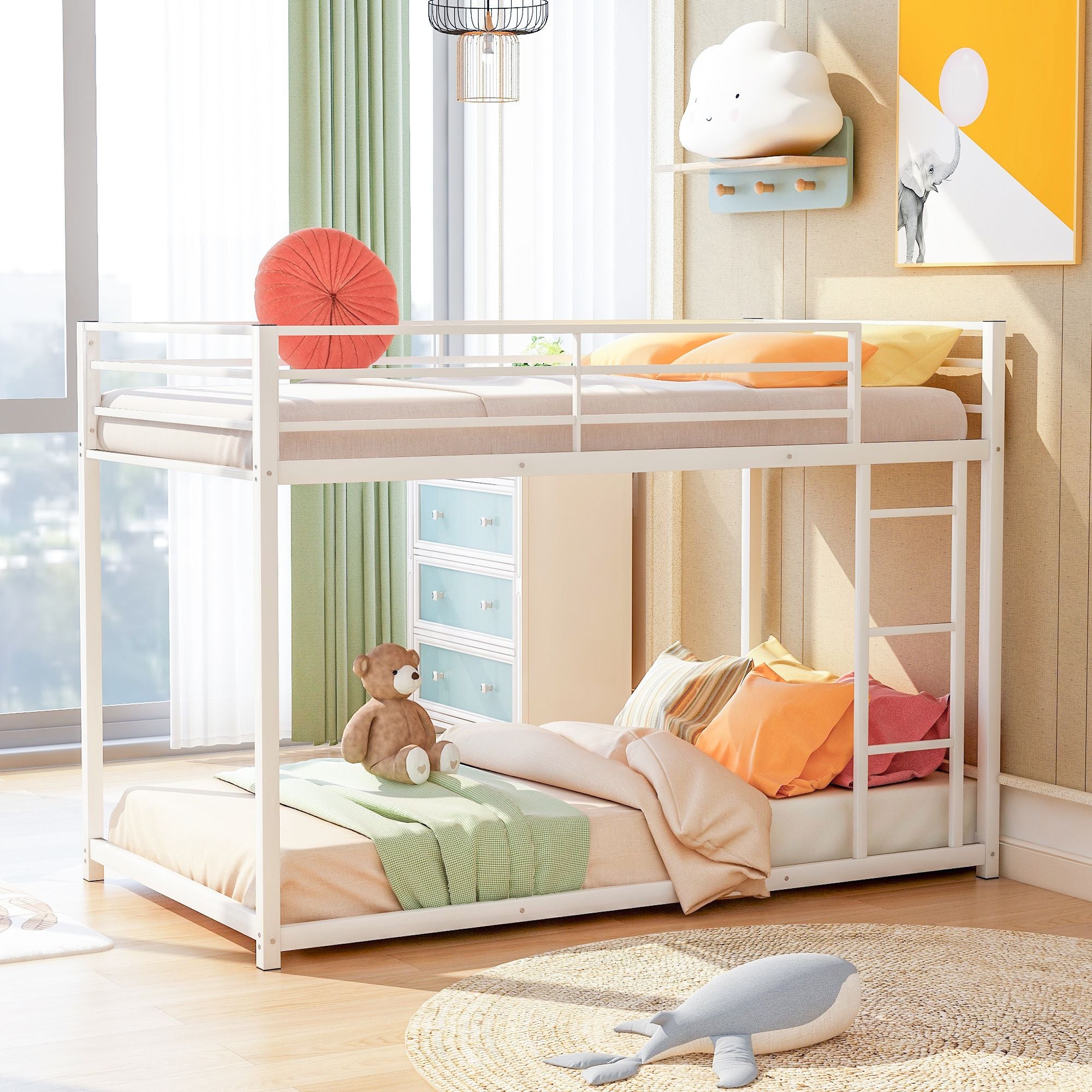 Twin over Twin Metal Bunk Bed;  Low Bunk Bed with Ladder