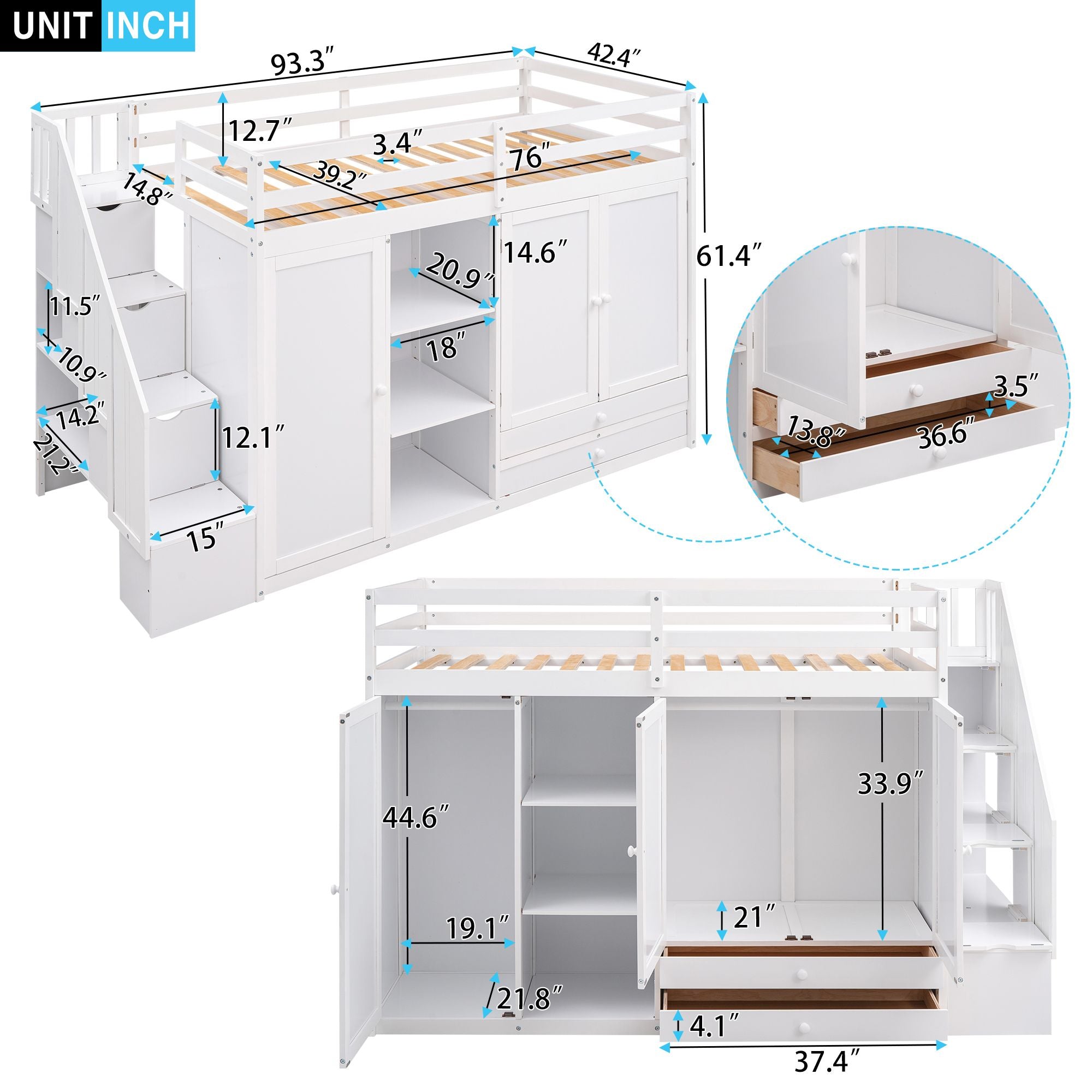 Functional Loft Bed with 3 Shelves;  2 Wardrobes and 2 Drawers;  Ladder with Storage;  No Box Spring Needed