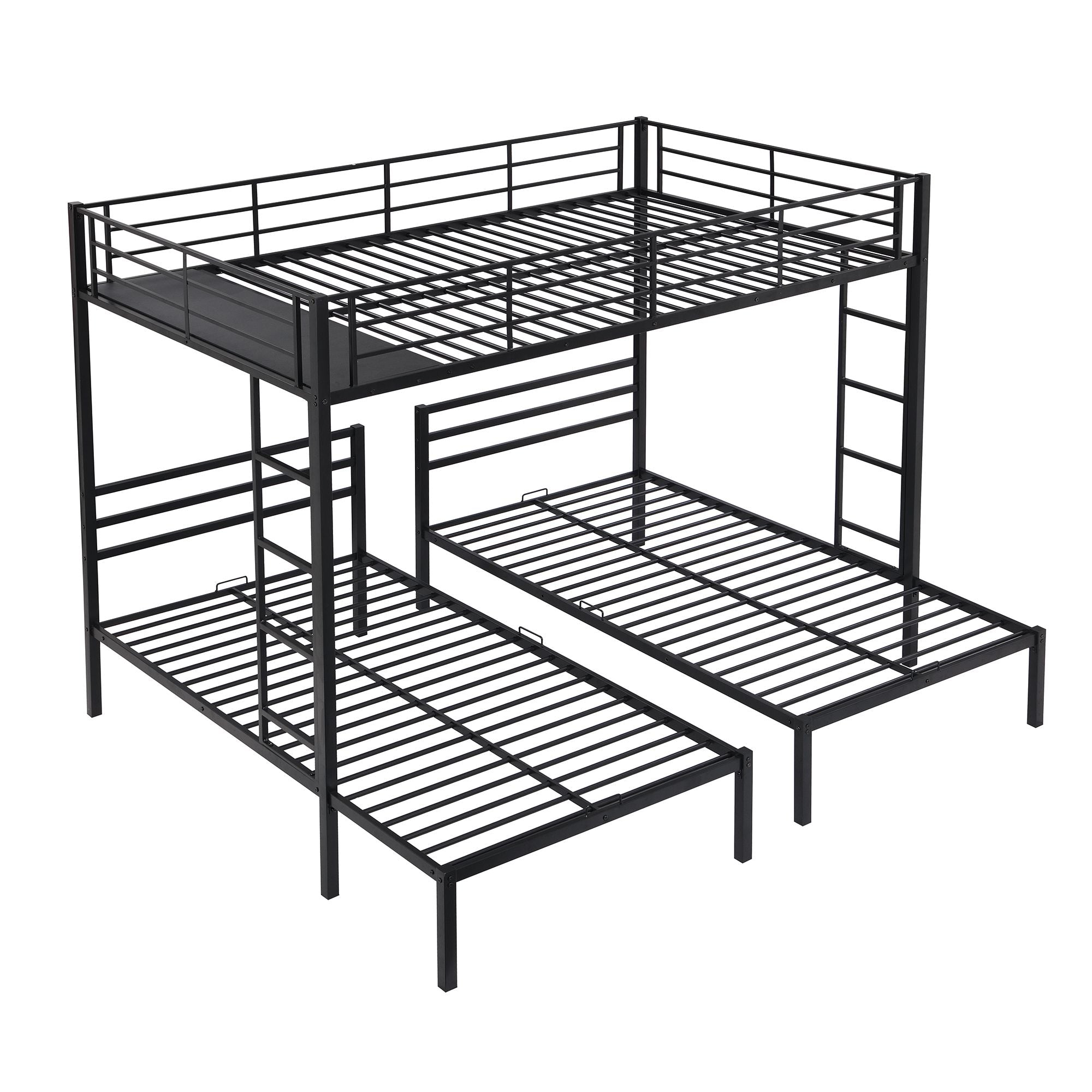 Full over Twin&Twin Size Bunk Metal Bed with Built-in Shelf