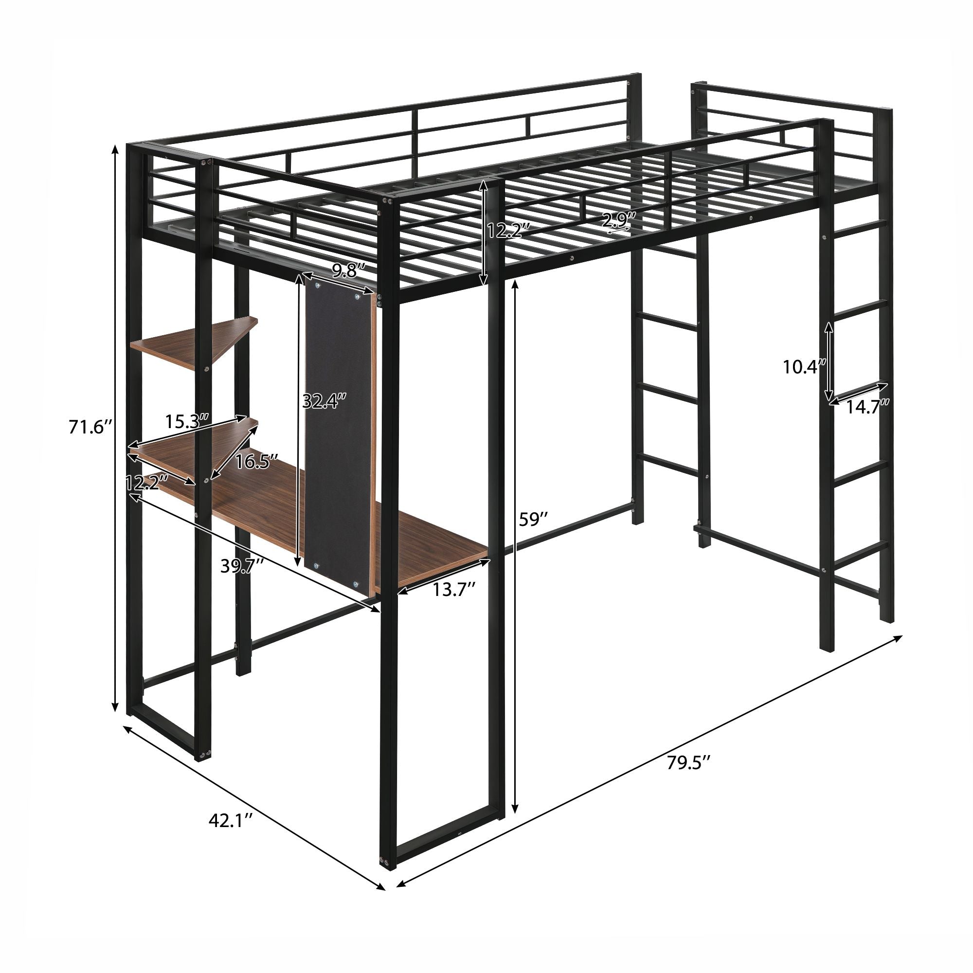 Twin Metal Loft Bed with 2 Shelves and one Desk