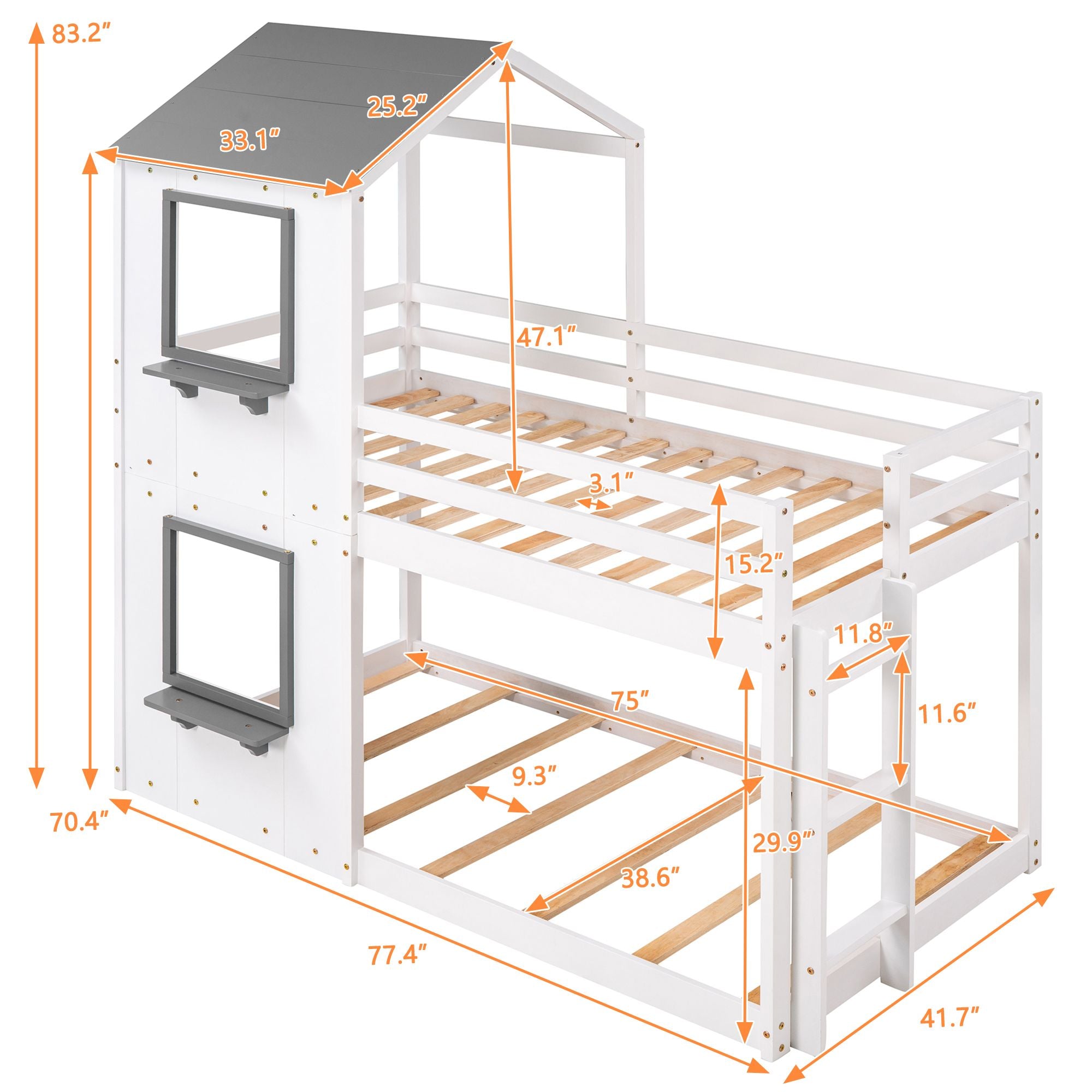 Twin Over Twin Bunk Bed Wood Bed with Roof;  Window;  Guardrail;  Ladder