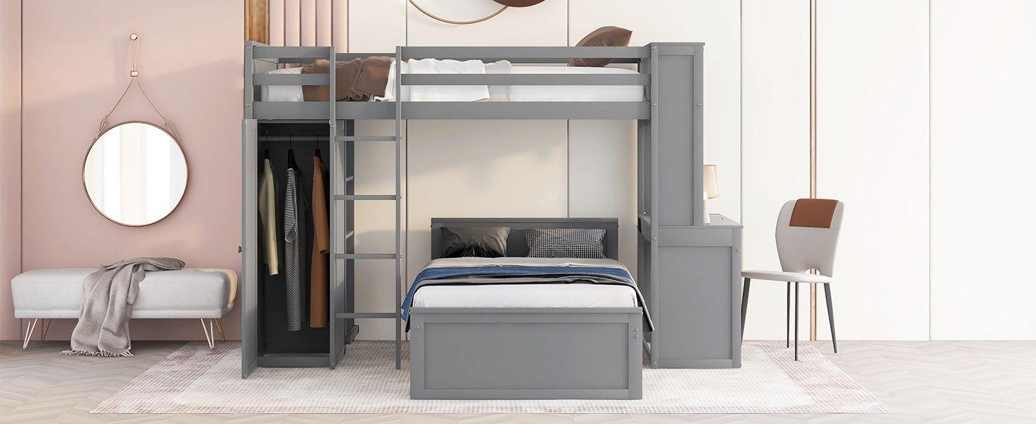 Twin size Loft Bed with a Stand-alone bed;  Shelves; Desk; and Wardrobe