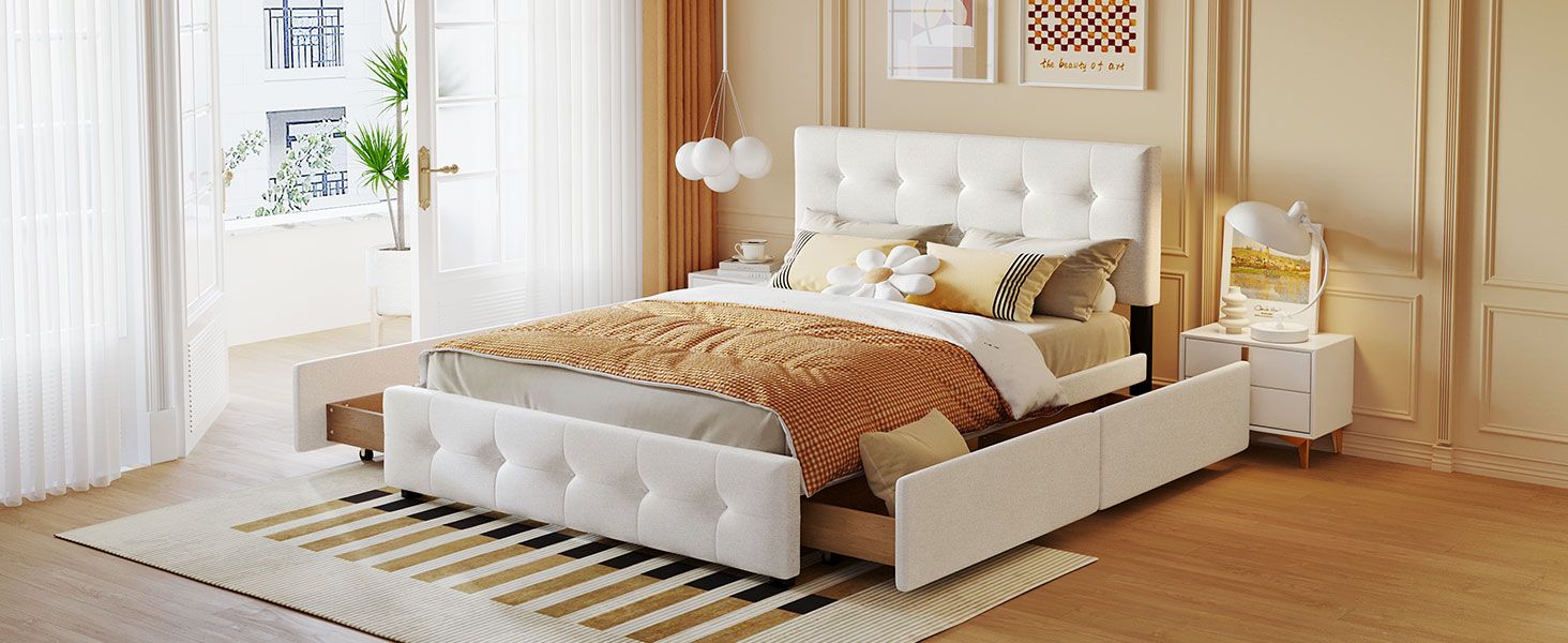 Upholstered Platform Bed with Classic Headboard and 4 Drawers;  No Box Spring Needed;  Linen Fabric;  Queen Size