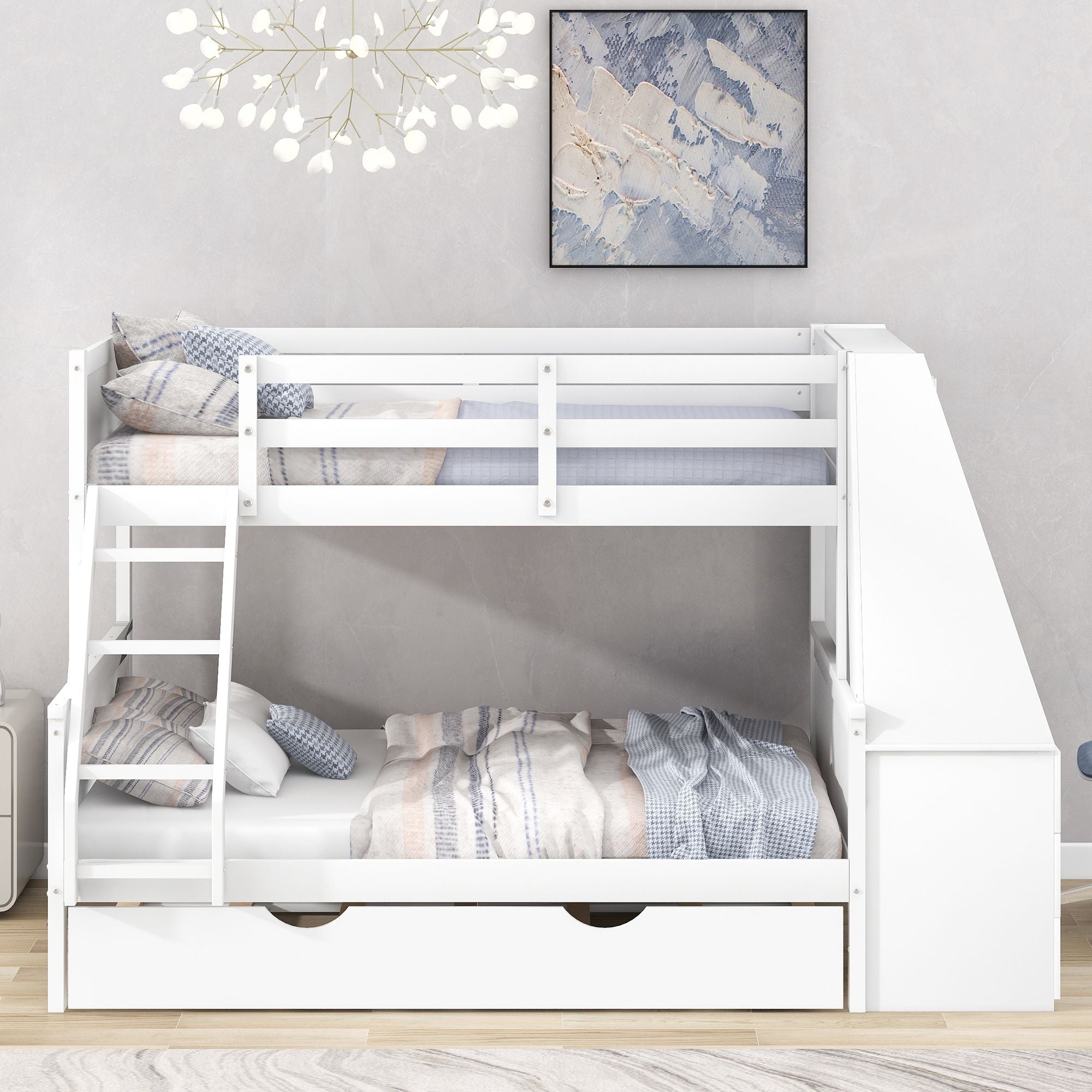 Twin over Full Bunk Bed with Trundle and Built-in Desk;  Three Storage Drawers and Shelf