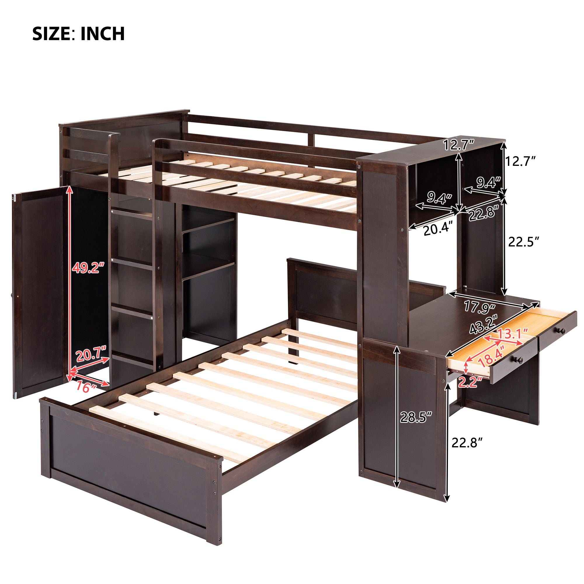 Twin size Loft Bed with a Stand-alone bed;  Shelves; Desk; and Wardrobe