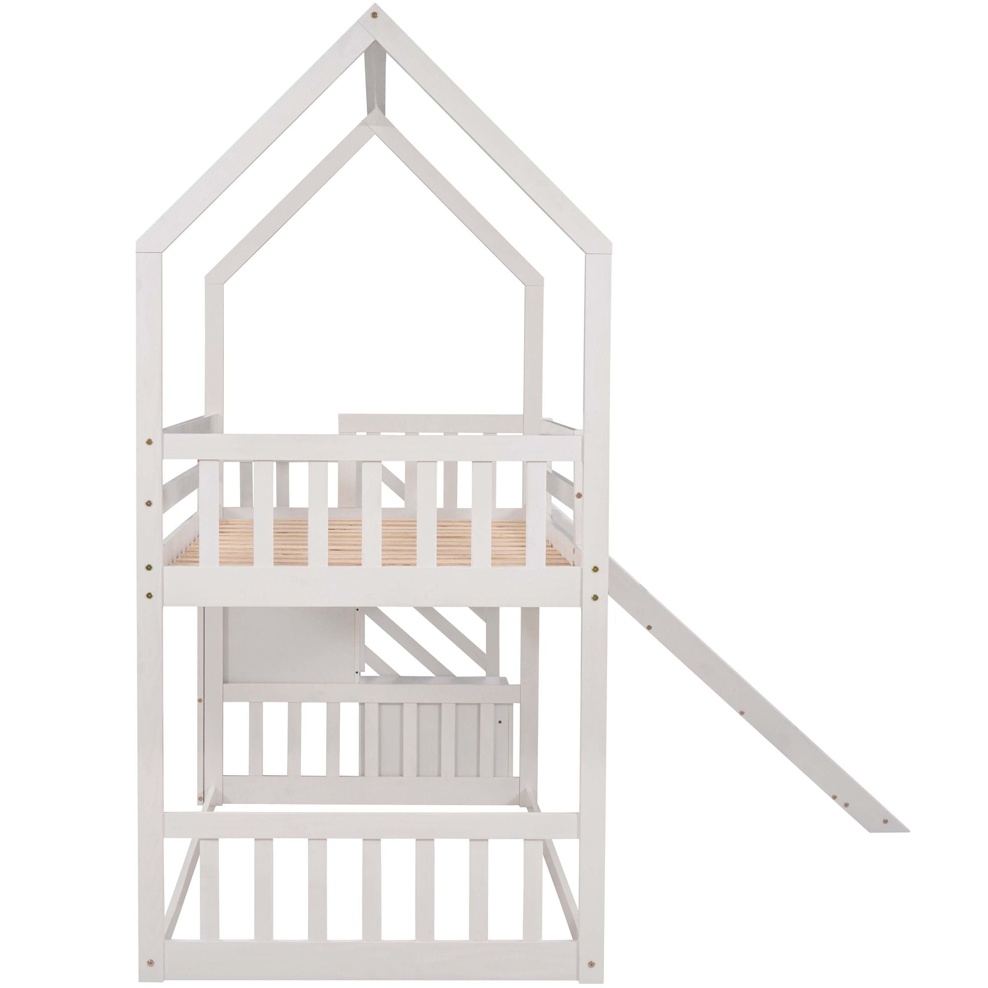 Twin over Twin House Bunk Bed with Convertible Slide; Storage Staircase