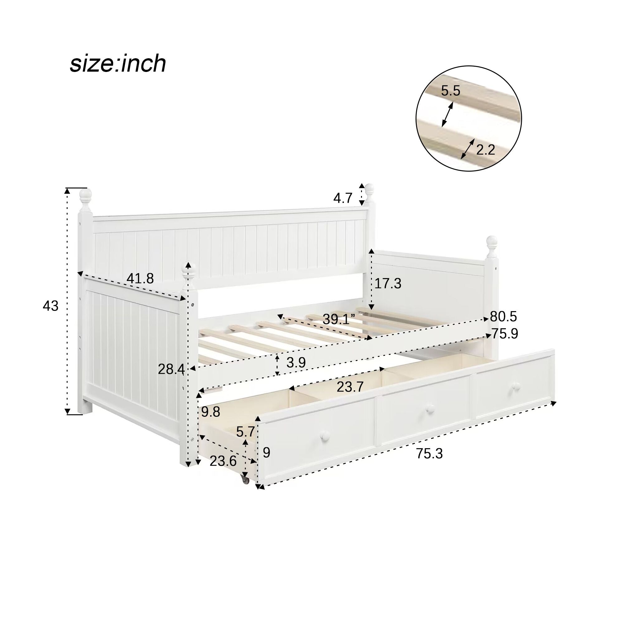 Wood Daybed with Three Drawers ; Twin Size Daybed; No Box Spring Needed ; White