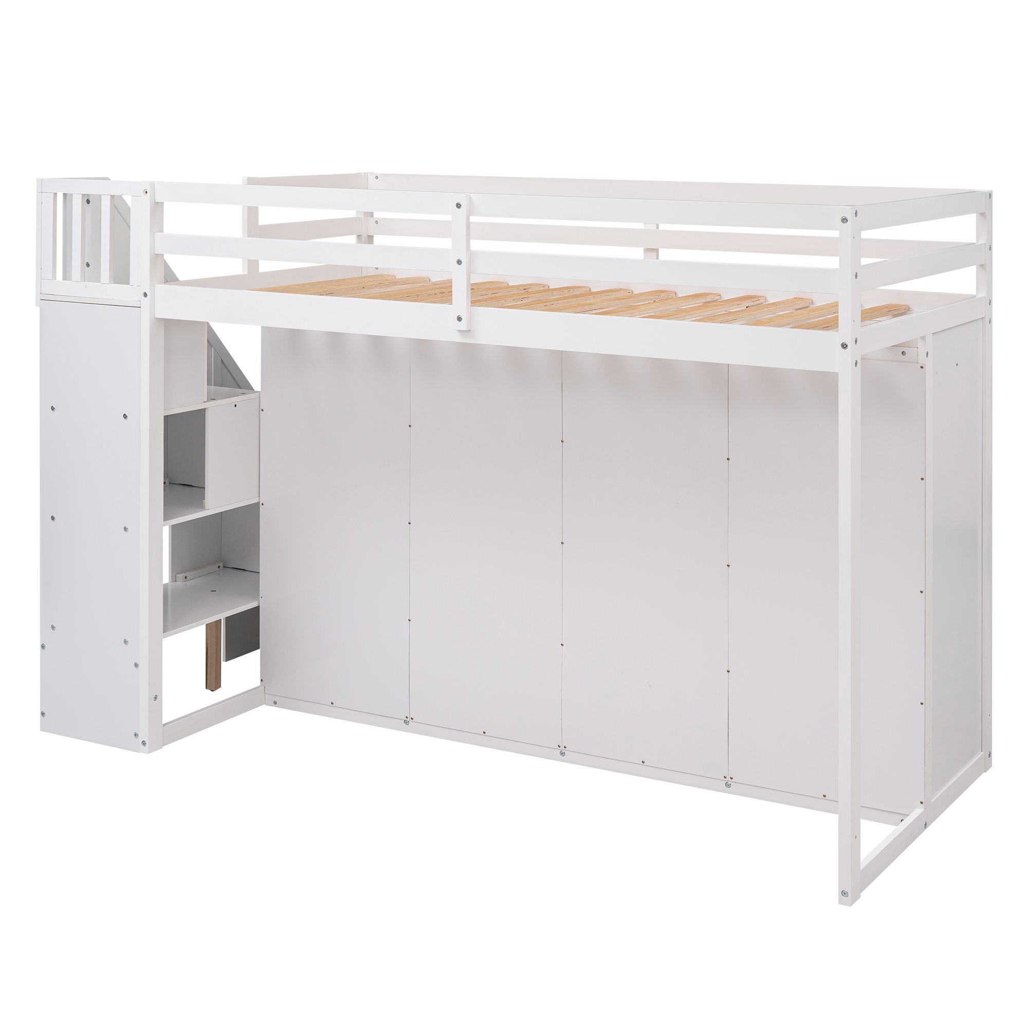 Functional Loft Bed with 3 Shelves;  2 Wardrobes and 2 Drawers;  Ladder with Storage;  No Box Spring Needed