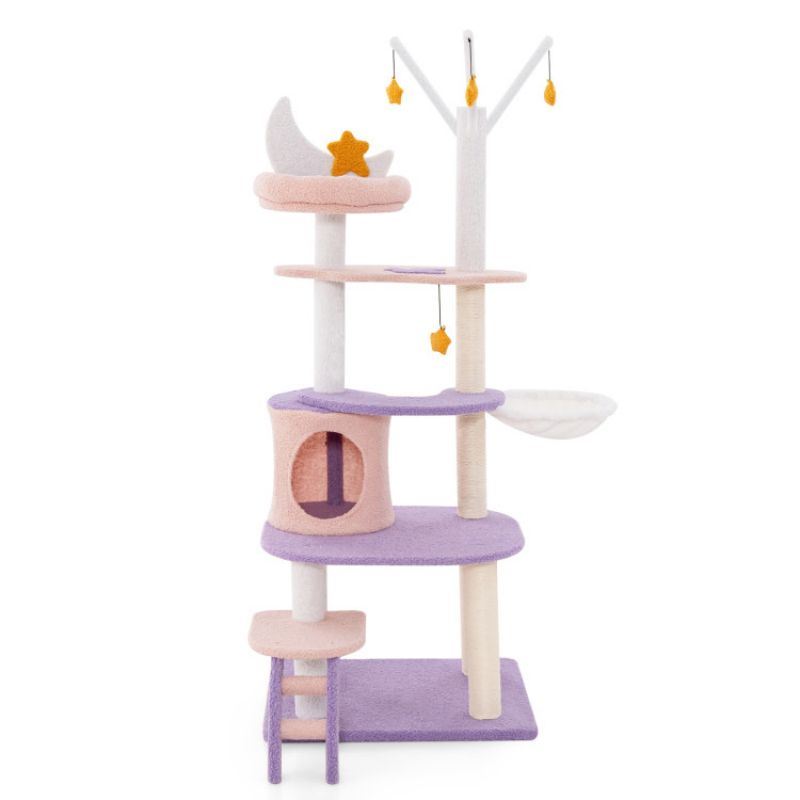 Whimsical Multi-Level Cat Tower with Sisal Scratching Posts, Hammock, and Star Decor – Perfect for Multiple Cats