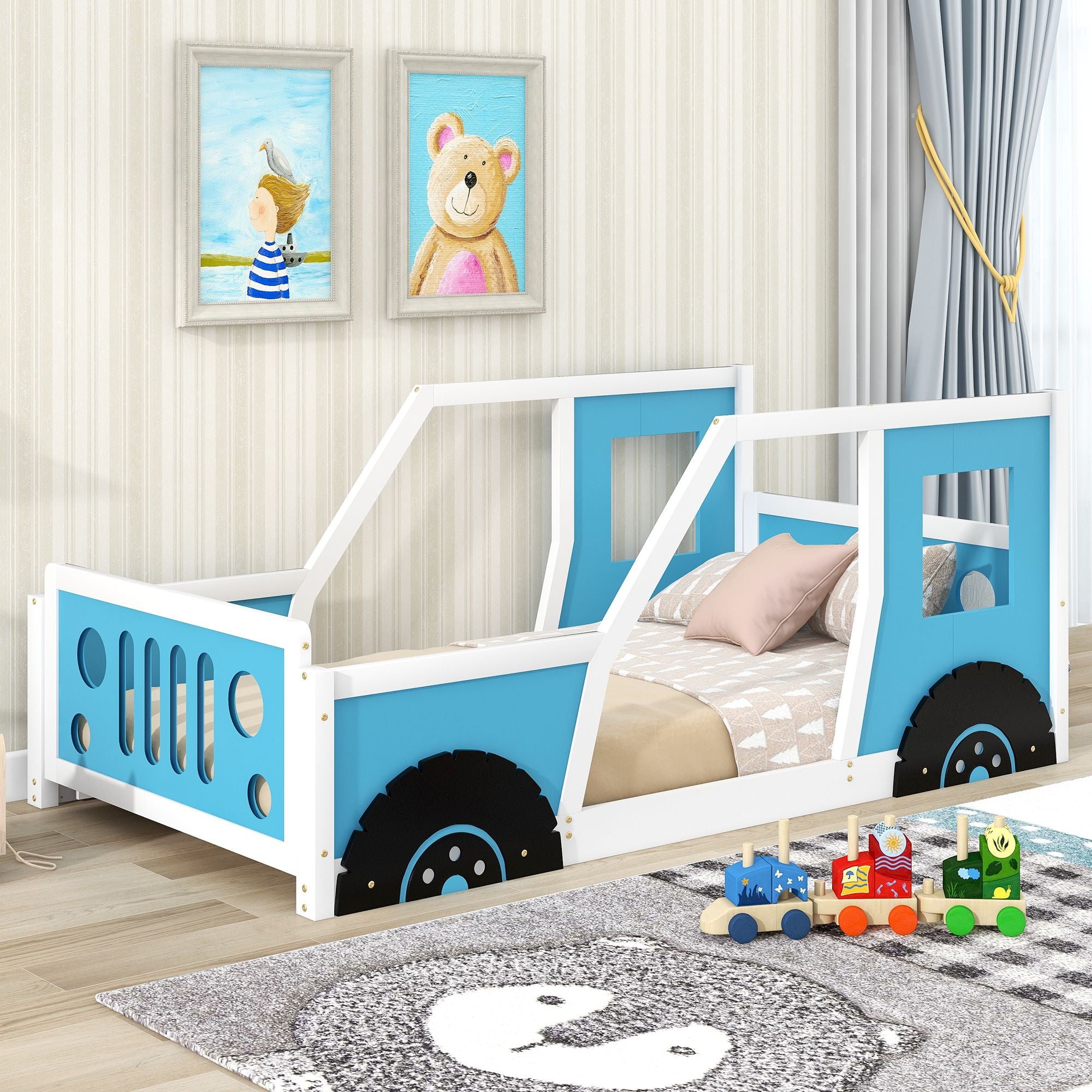 Twin Size Classic Car-Shaped Platform Bed with Wheels