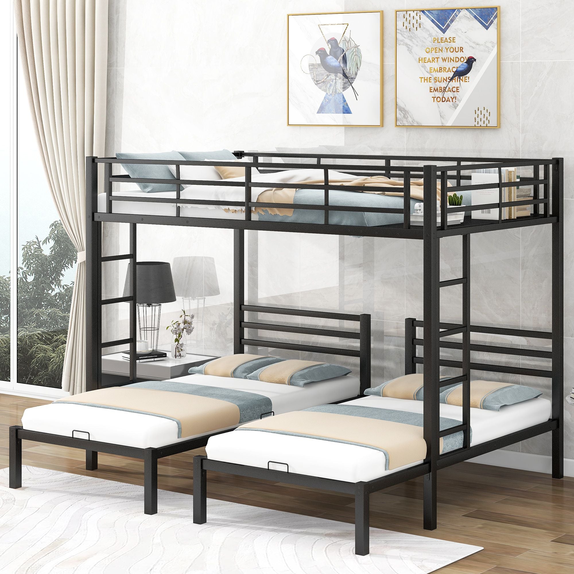 Full over Twin&Twin Size Bunk Metal Bed with Built-in Shelf