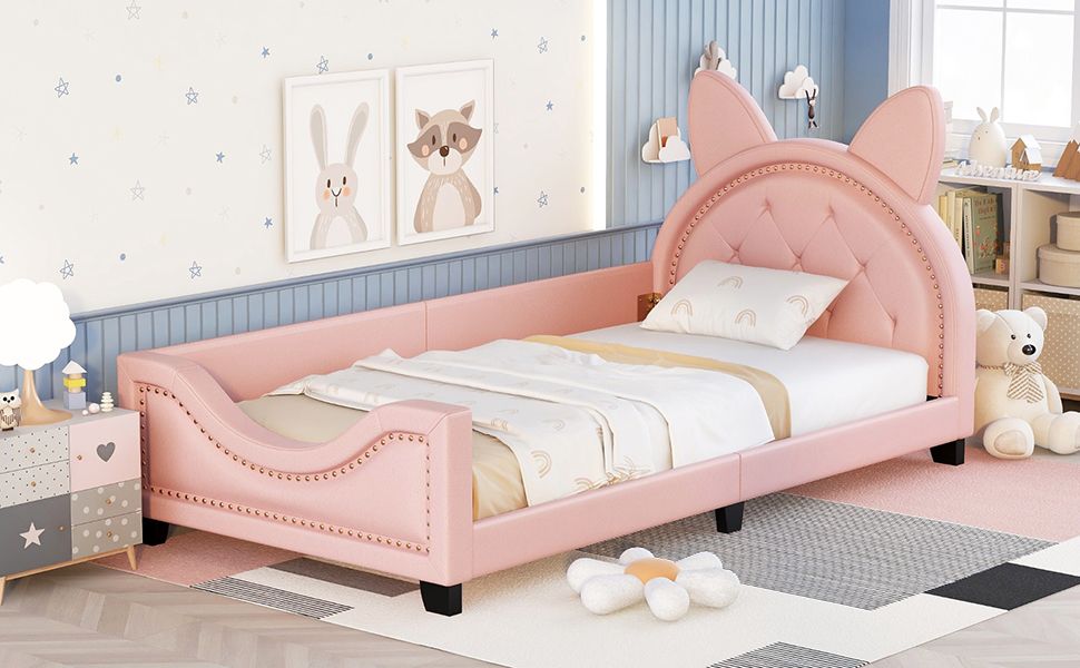 Twin Size Upholstered Daybed with Carton Ears Shaped Headboard