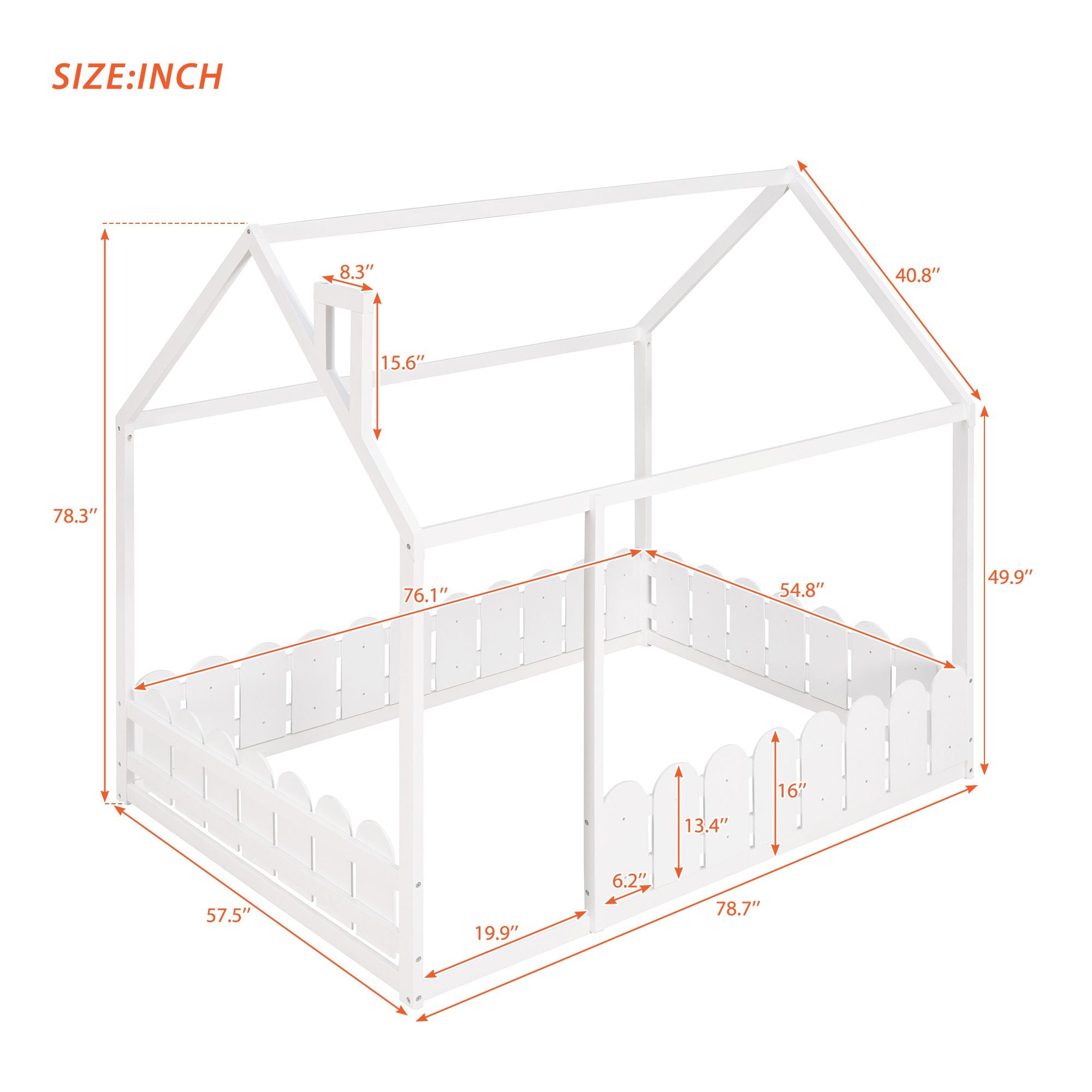 (Slats are not included) Full Size Wood Bed House Bed Frame with Fence;  for Kids;  Teens;  Girls;  Boys