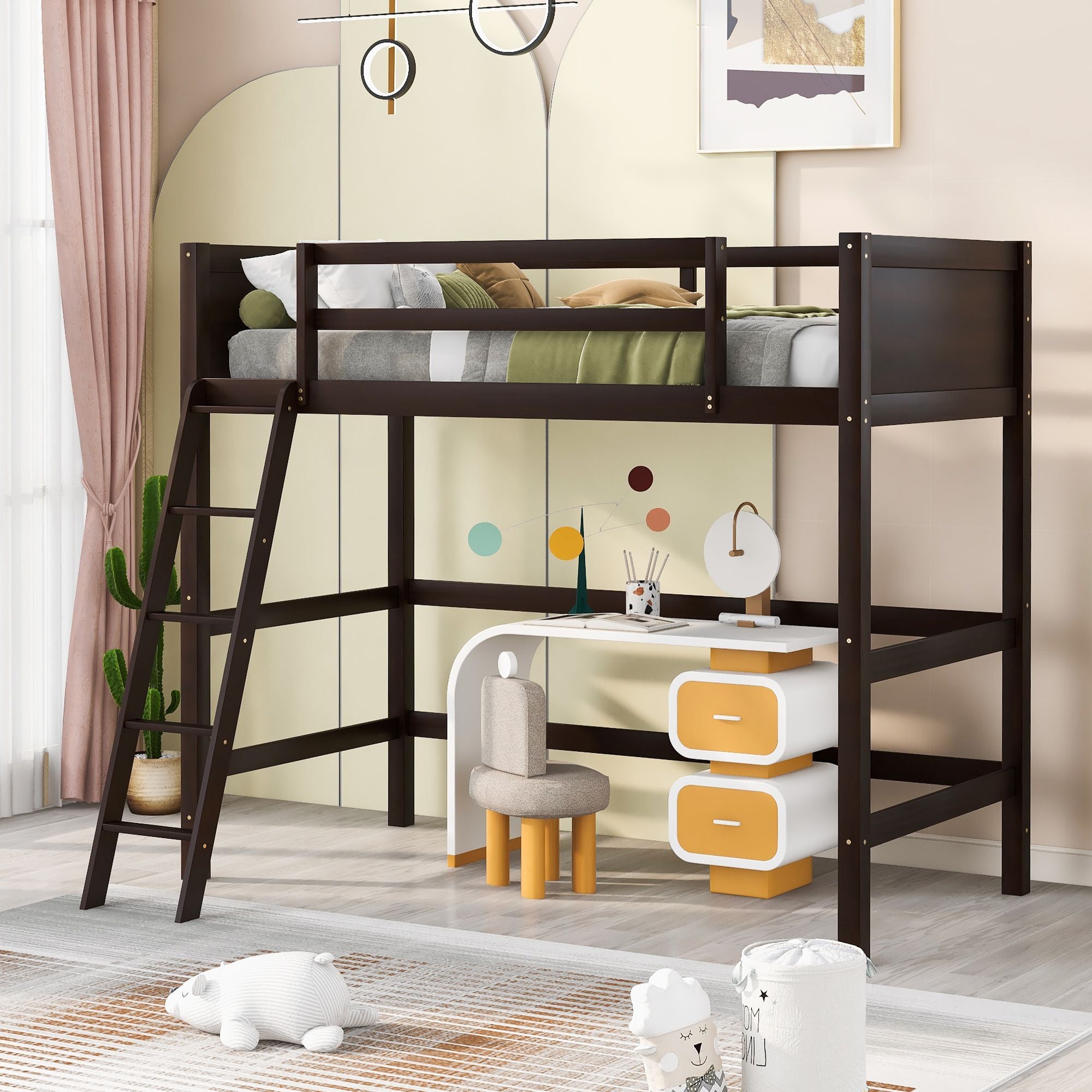 Solid Wood Twin Size Loft Bed with Ladde