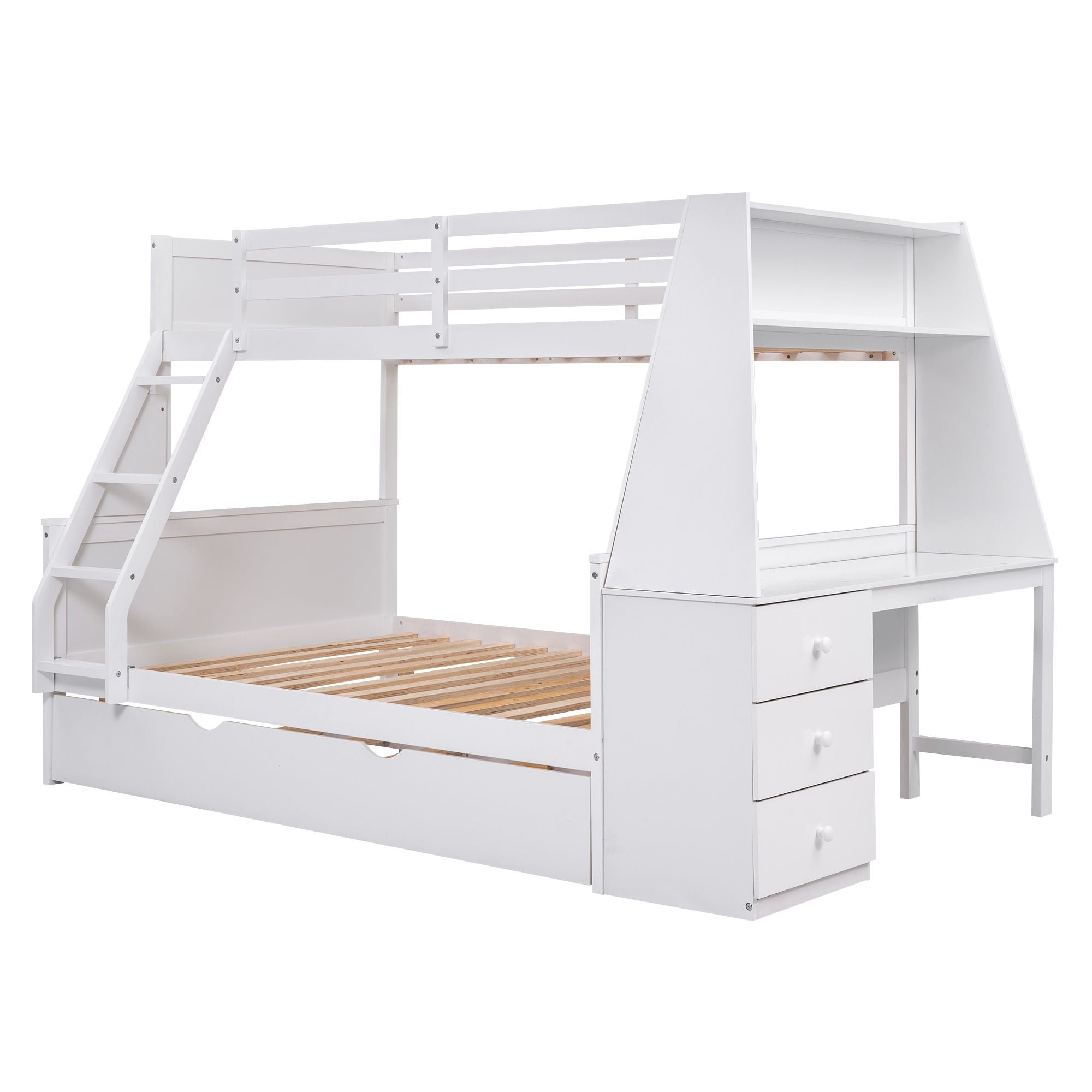 Twin over Full Bunk Bed with Trundle and Built-in Desk;  Three Storage Drawers and Shelf