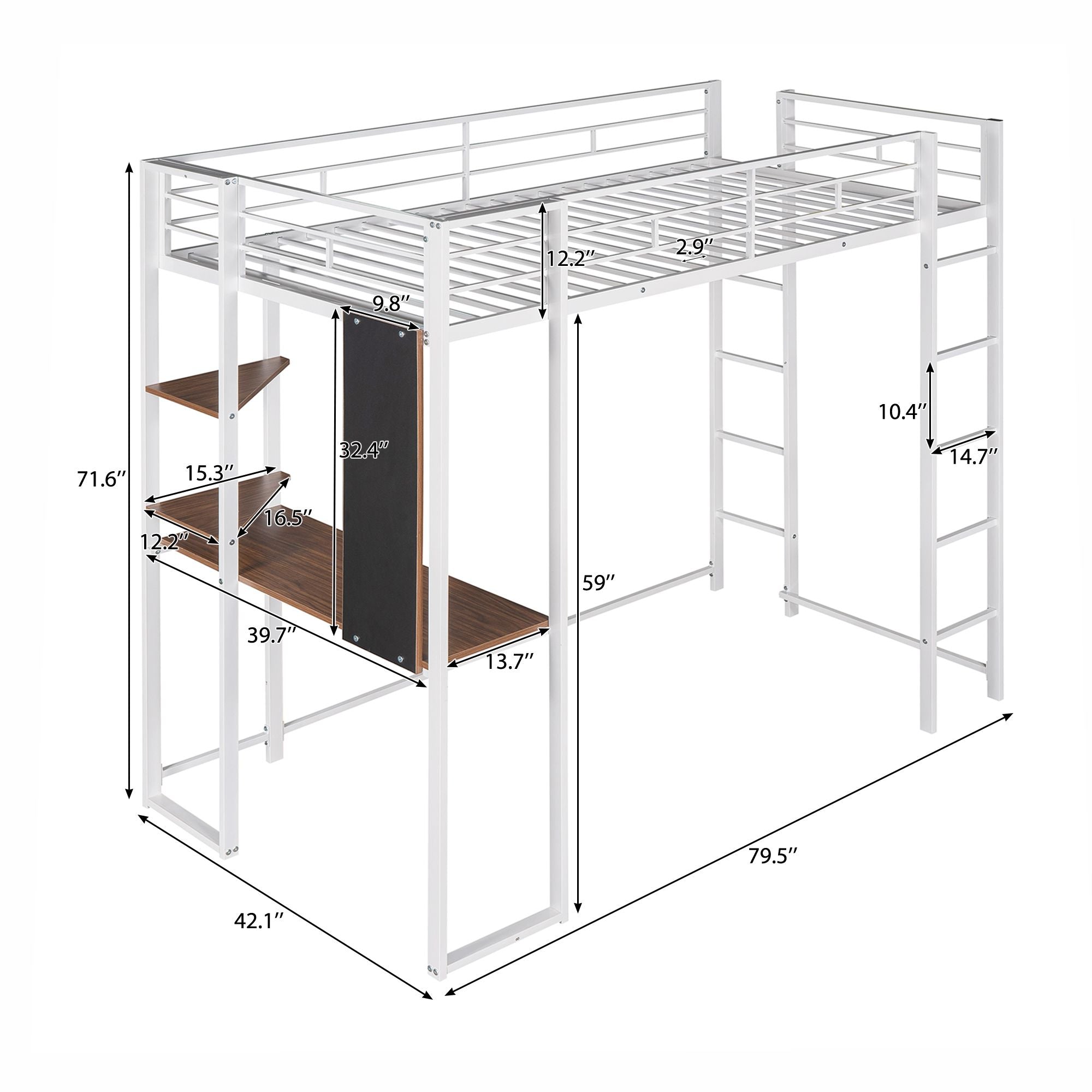 Twin Metal Loft Bed with 2 Shelves and one Desk