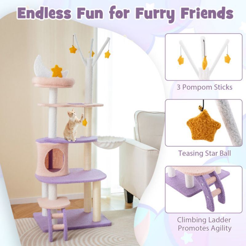 Whimsical Multi-Level Cat Tower with Sisal Scratching Posts, Hammock, and Star Decor – Perfect for Multiple Cats