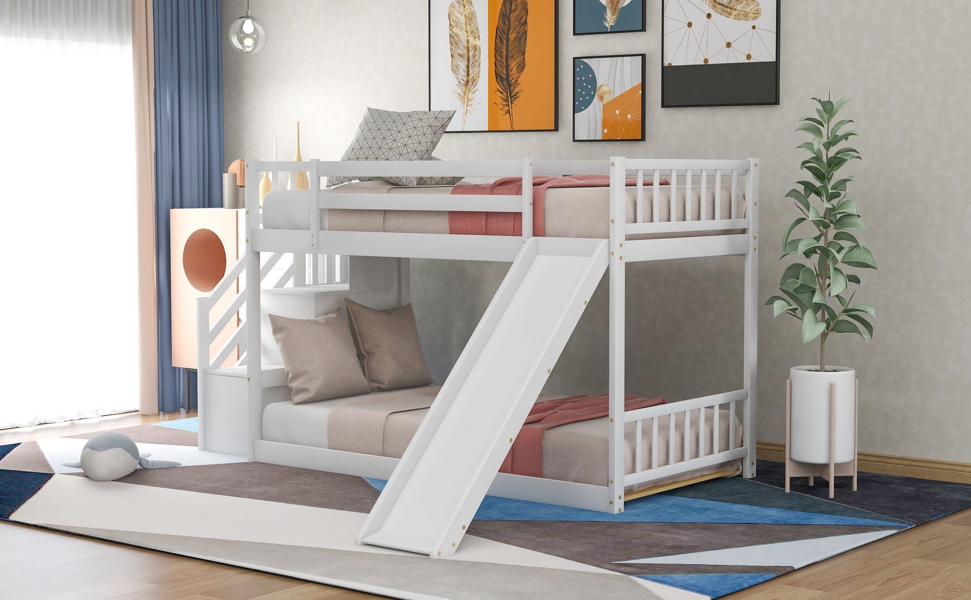 Twin over Twin Bunk Bed with Convertible Slide and Stairway