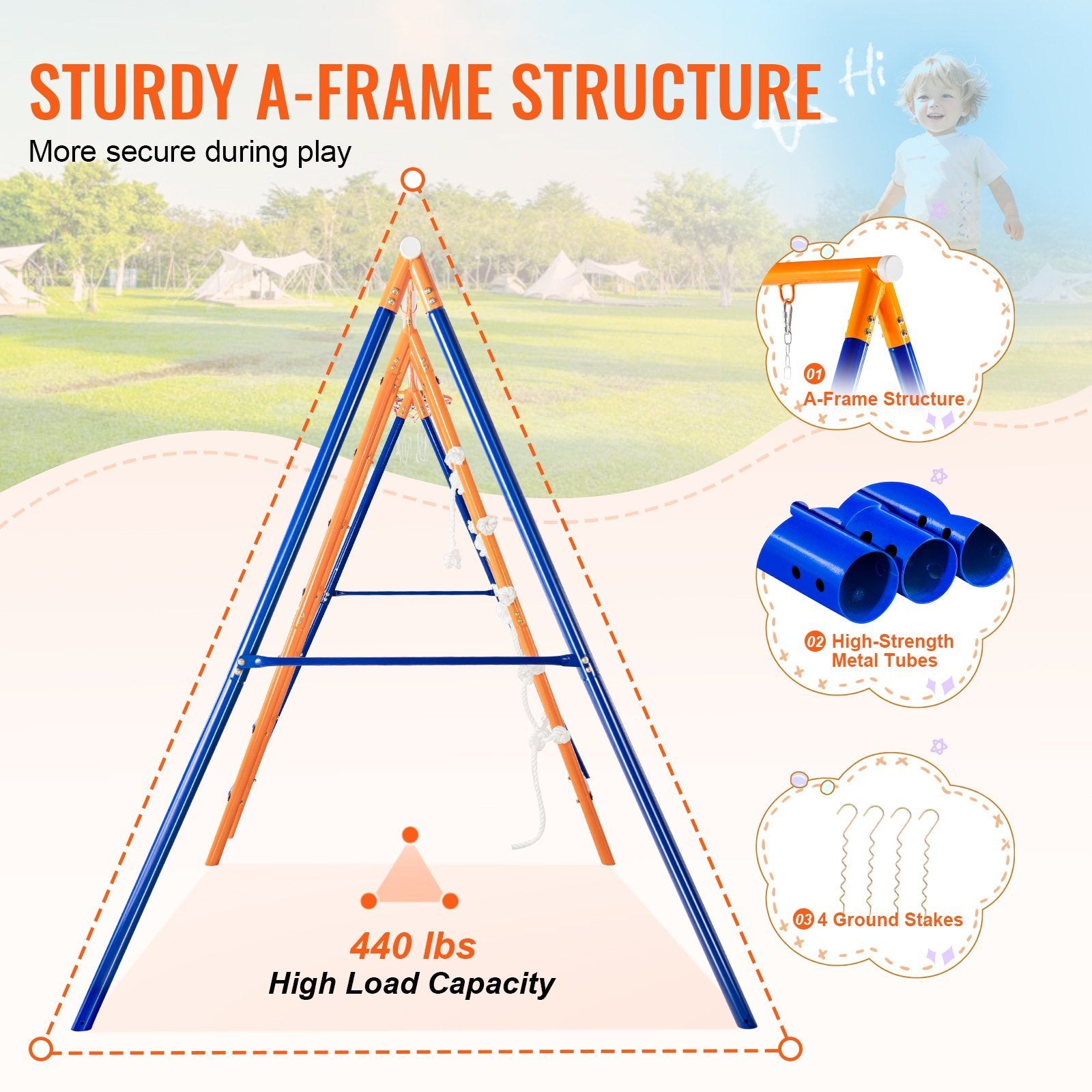 Versatile 6-in-1 A-Frame Swing Set for Kids - Includes Swings, Trapeze, Ladder, Climbing Net & Basketball Hoop