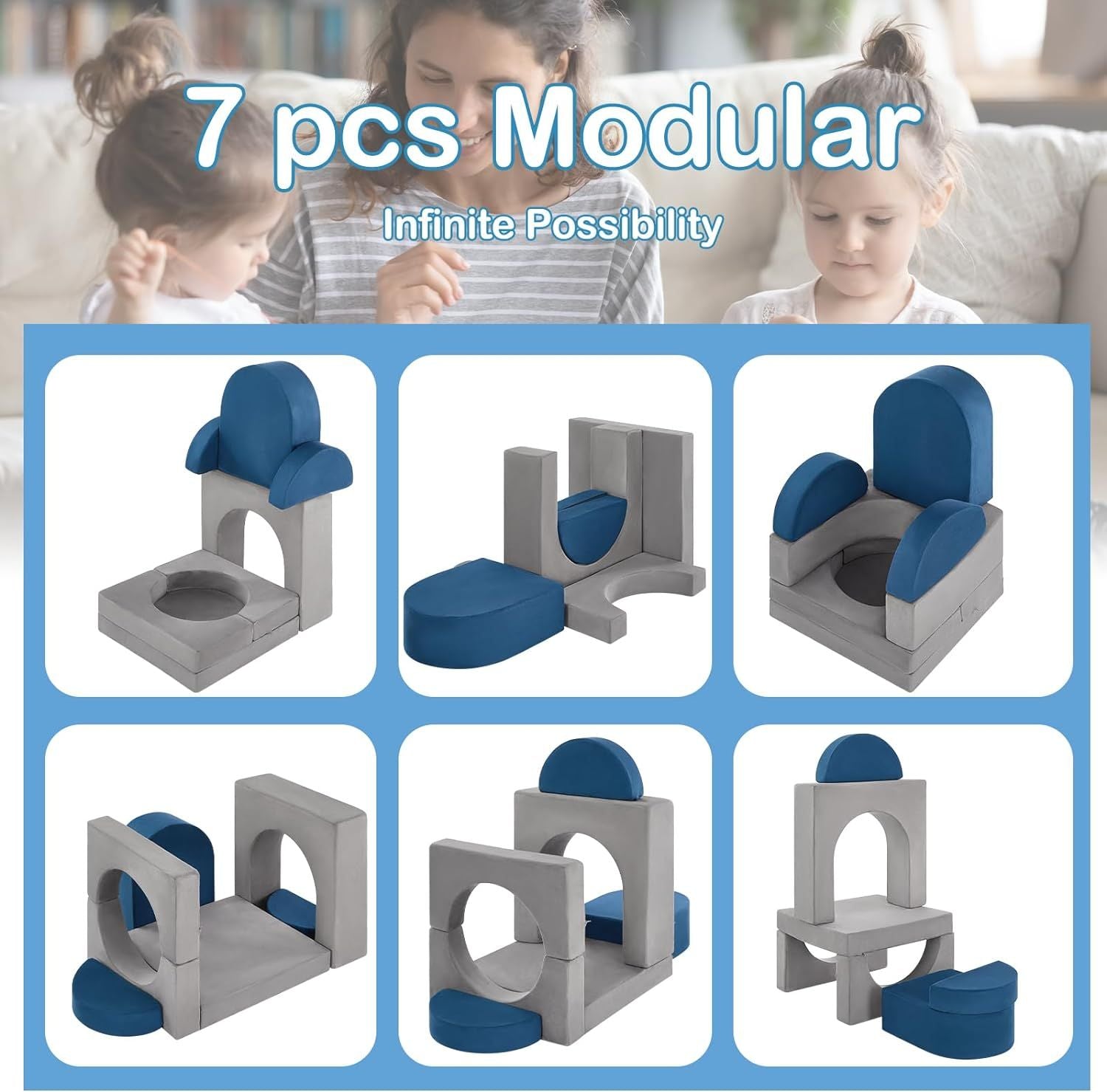 7 pcs Modular Kids Play Couch, Kids Couch for Playroom and Bedroom,Toddler Sofa,Soft Play Climbing Toys for Toddlers,Foam Climbing Blocks for Toddlers