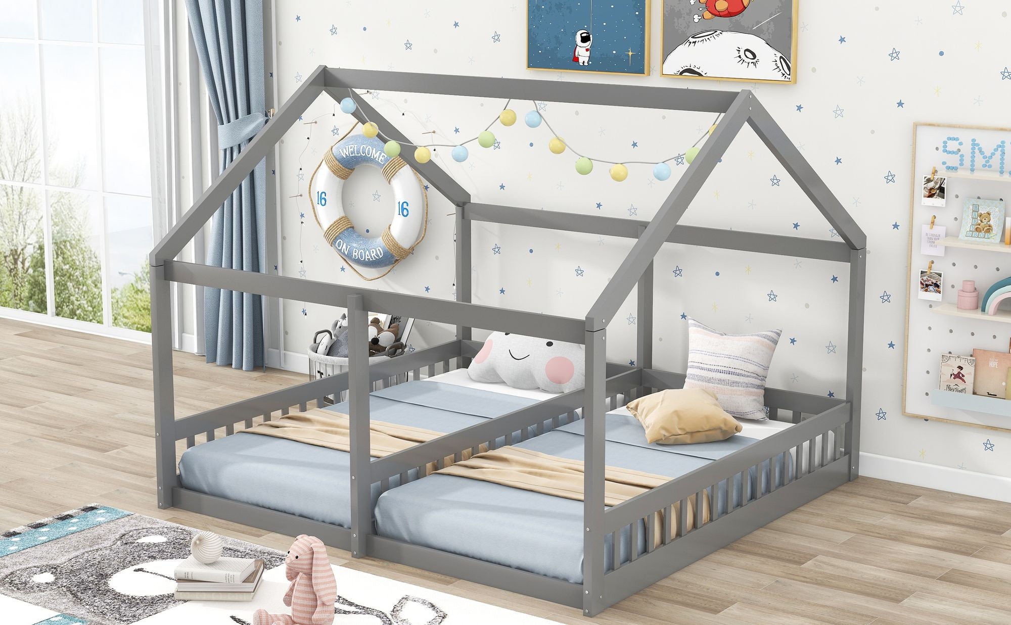 Twin Size House Platform Beds; Two Shared Beds