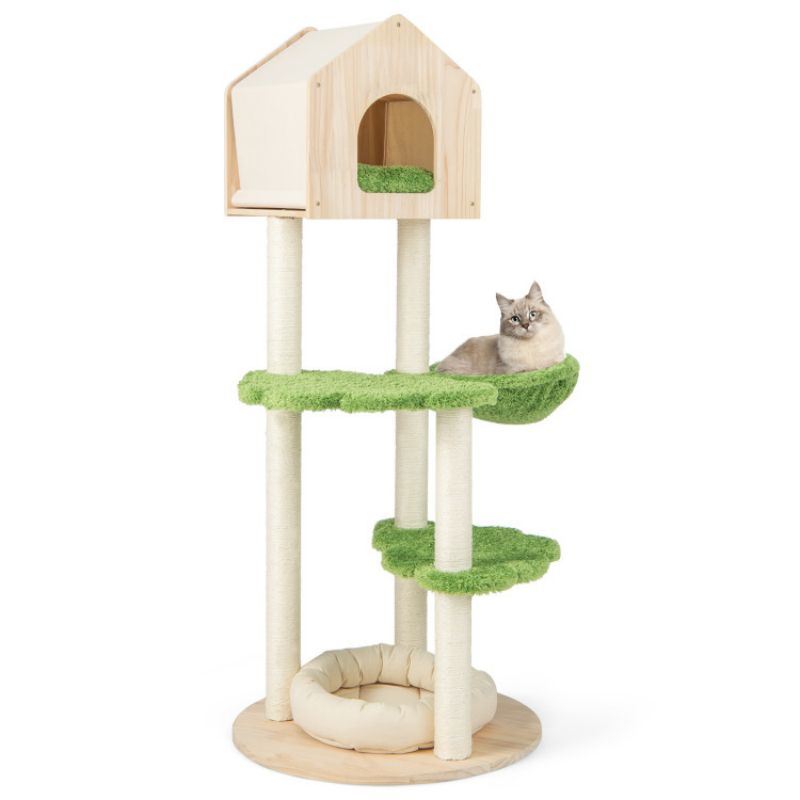 55-Inch Tall Cat Climbing Stand with Sisal Scratching Posts & Soft Bed, Multi-Level Cat Tower for Indoor Kittens, Pine Wood Structure