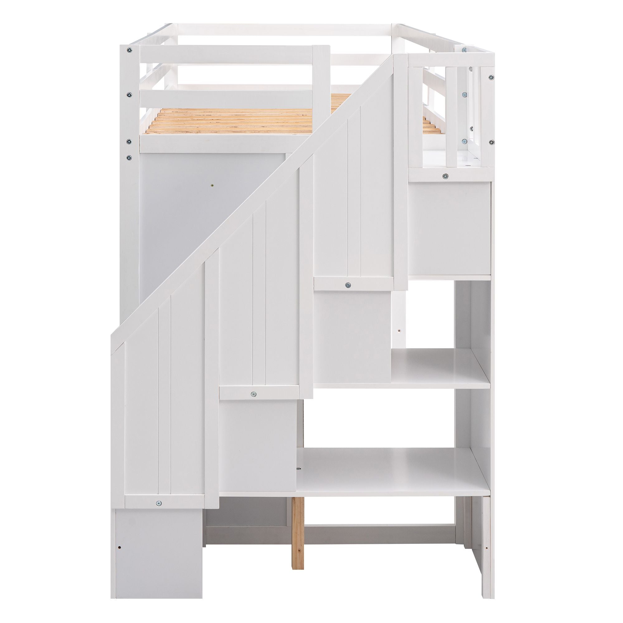 Functional Loft Bed with 3 Shelves;  2 Wardrobes and 2 Drawers;  Ladder with Storage;  No Box Spring Needed