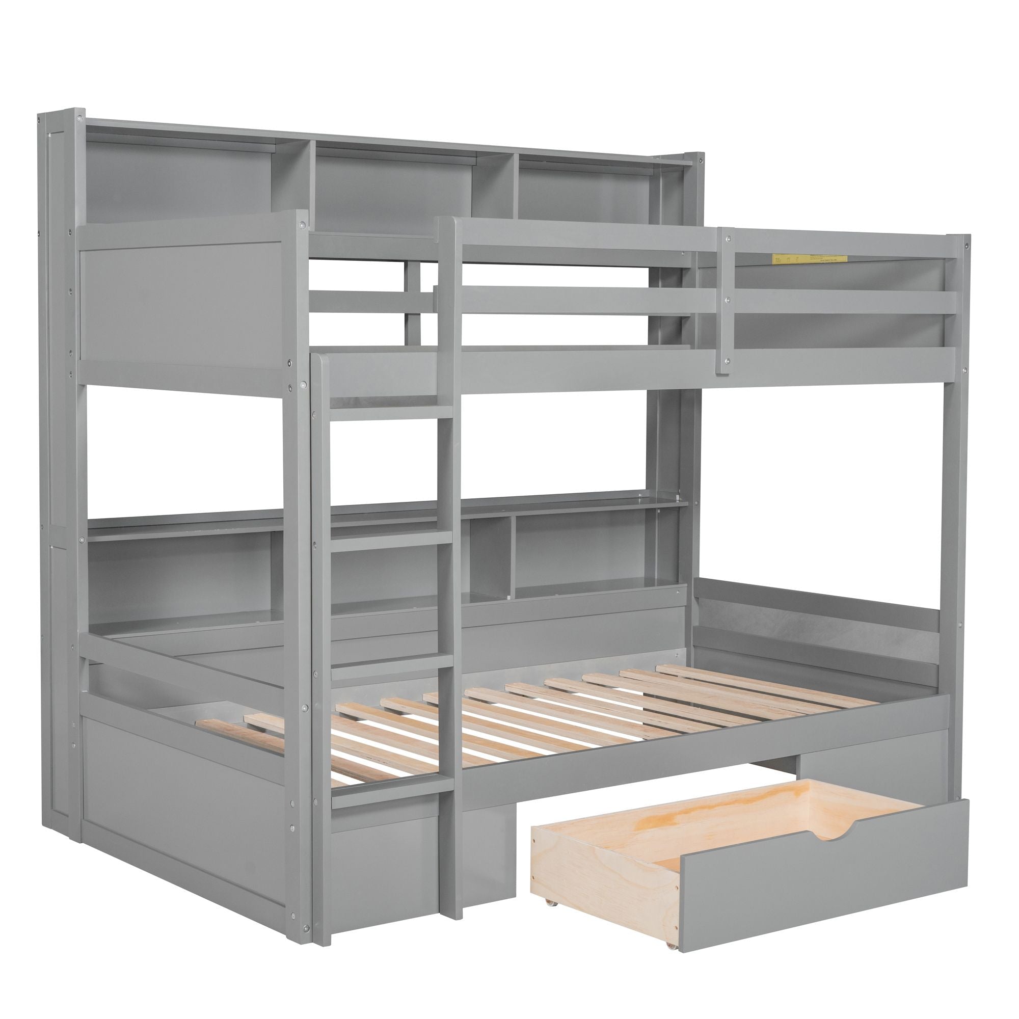 Twin Size Bunk Bed with Built-in Shelves Beside both Upper and Down Bed and Storage Drawe