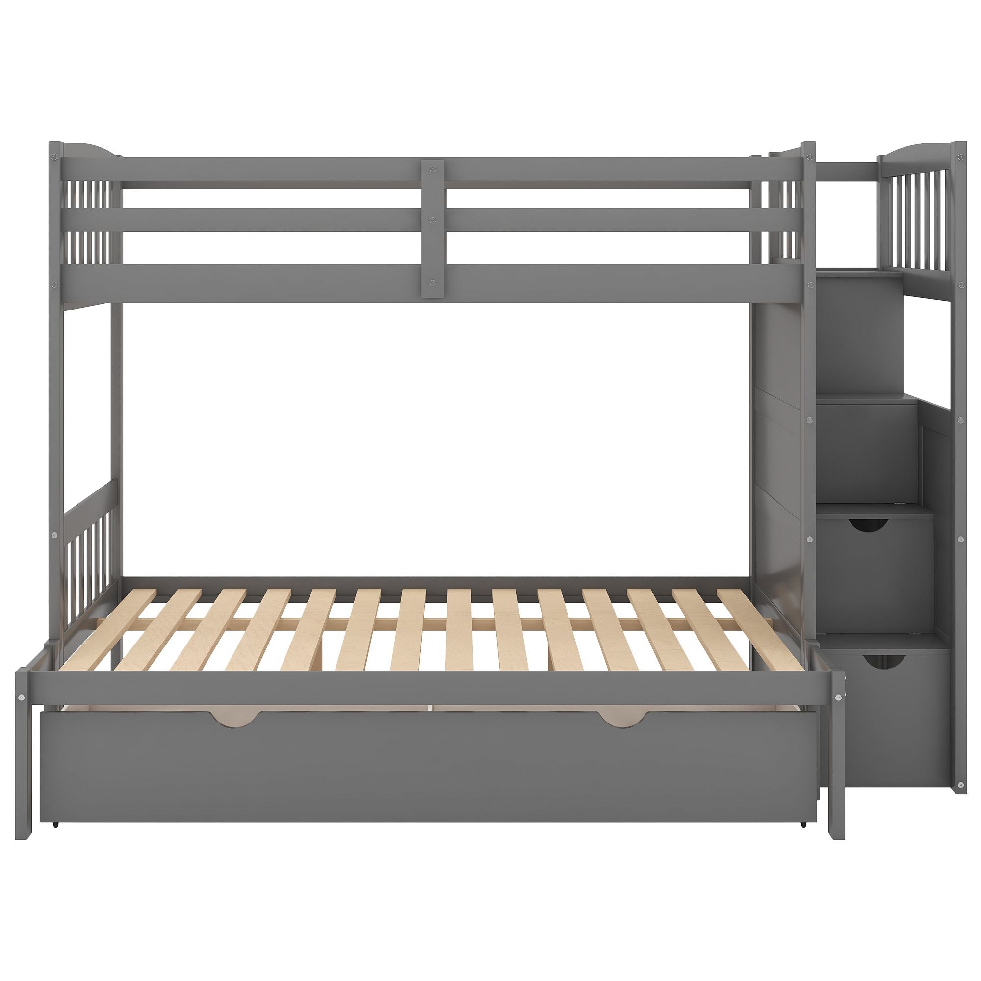 Twin over Full/Twin Bunk Bed;  Convertible Bottom Bed;  Storage Shelves and Drawers;  Gray