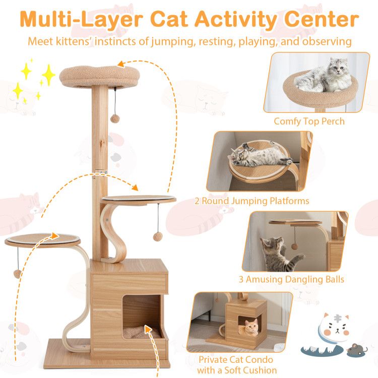 4-Layer Wooden Cat Tree 51" Tall Cat Tower with Condo and Washable Cushions