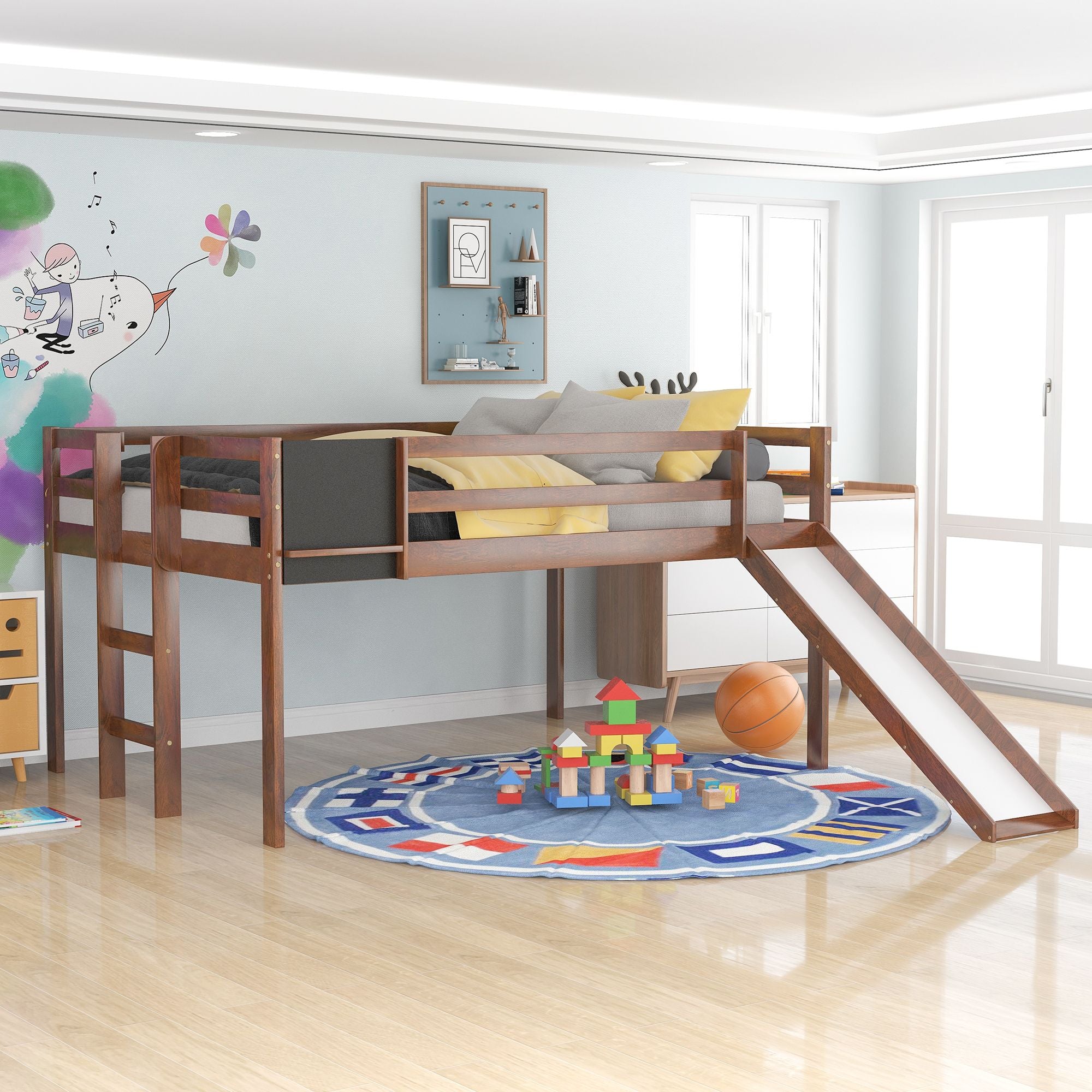 Full size Loft Bed Wood Bed with Slide;  Stair and Chalkboard