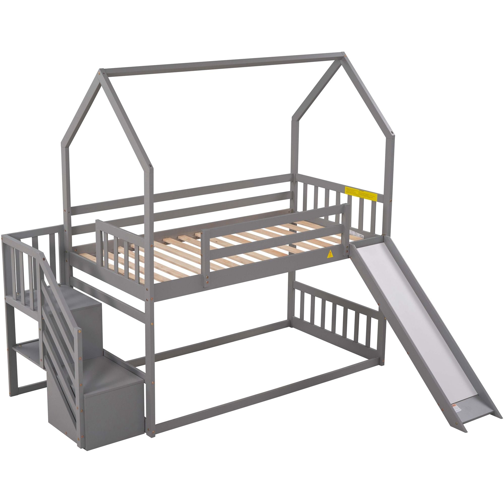 Twin over Twin House Bunk Bed with Convertible Slide; Storage Staircase