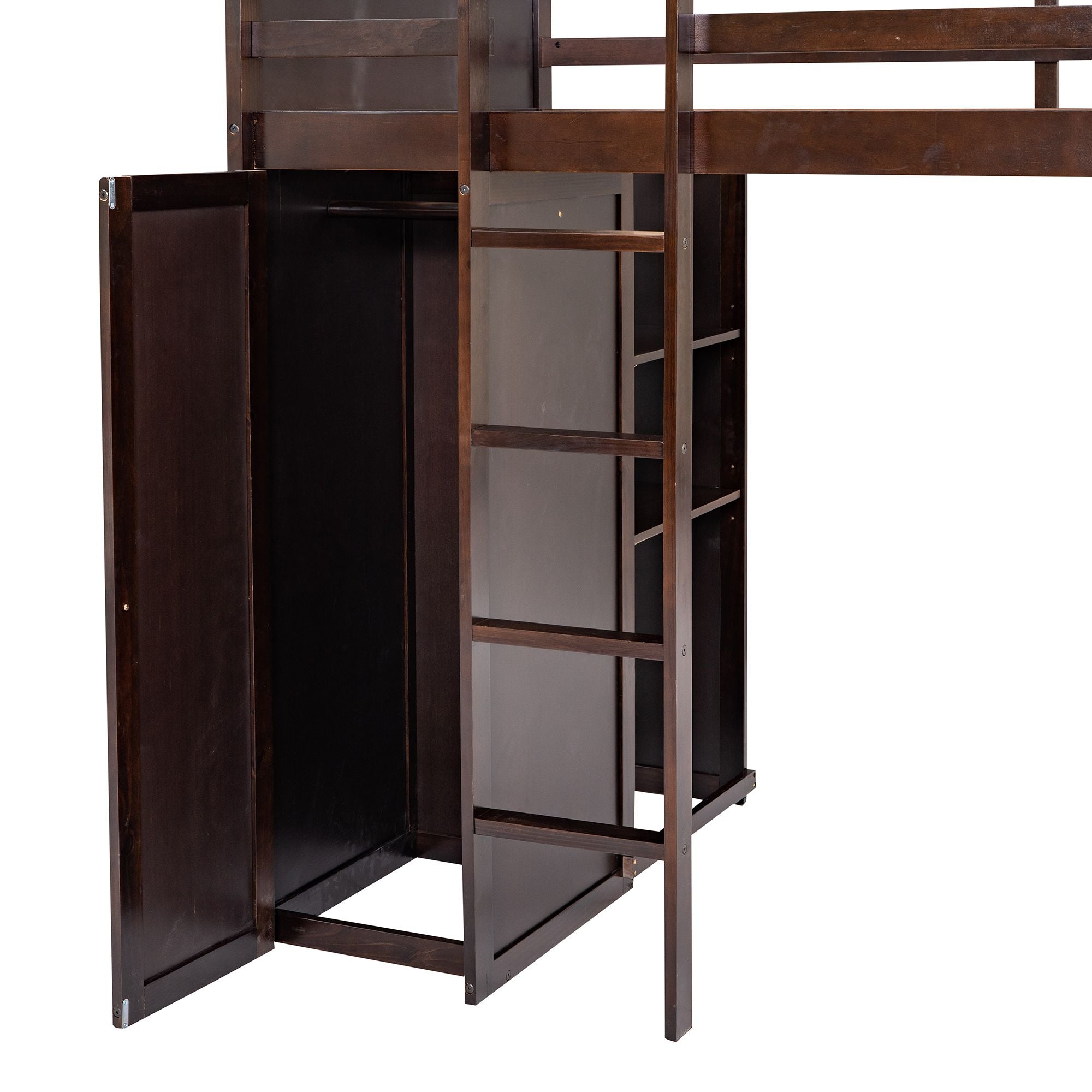 Twin size Loft Bed with a Stand-alone bed;  Shelves; Desk; and Wardrobe