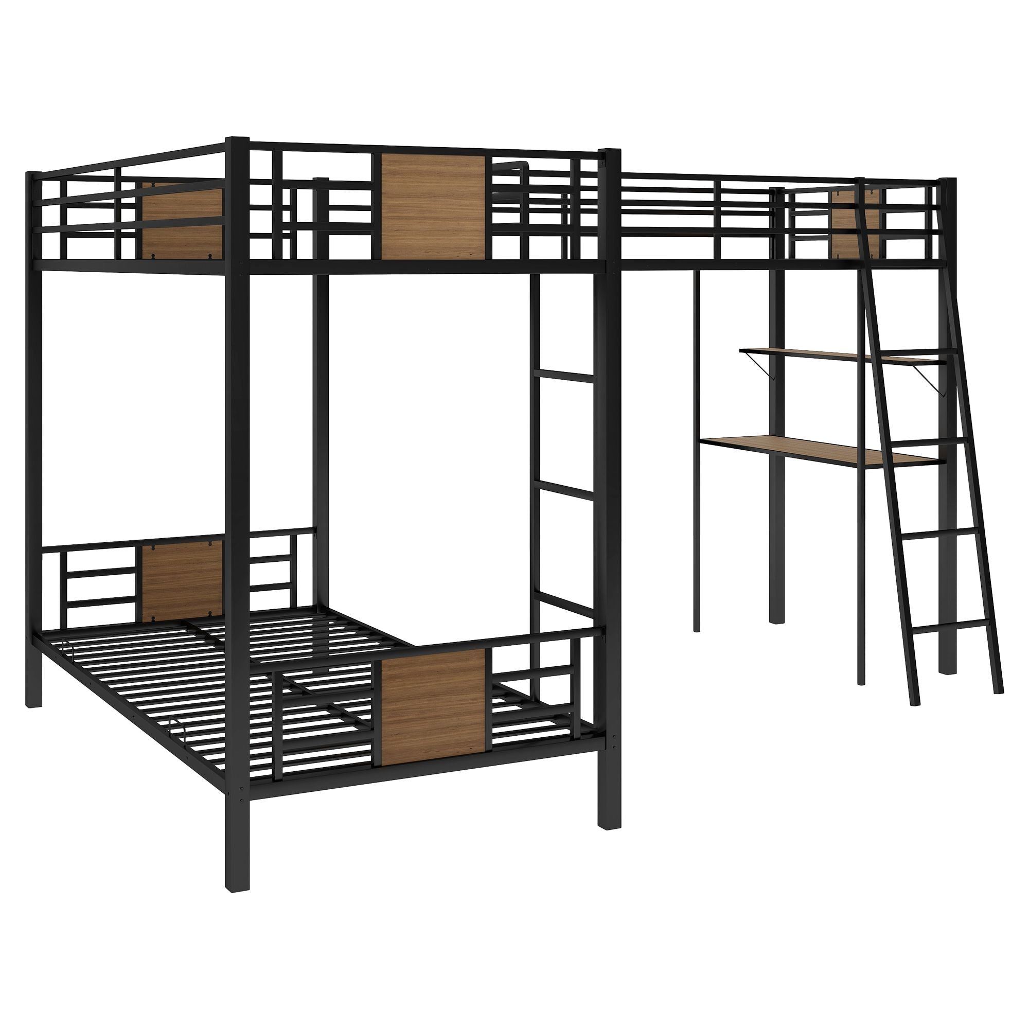 L-Shaped Twin over Twin Bunk Bed with Twin Size Loft Bed with Desk and Shelf