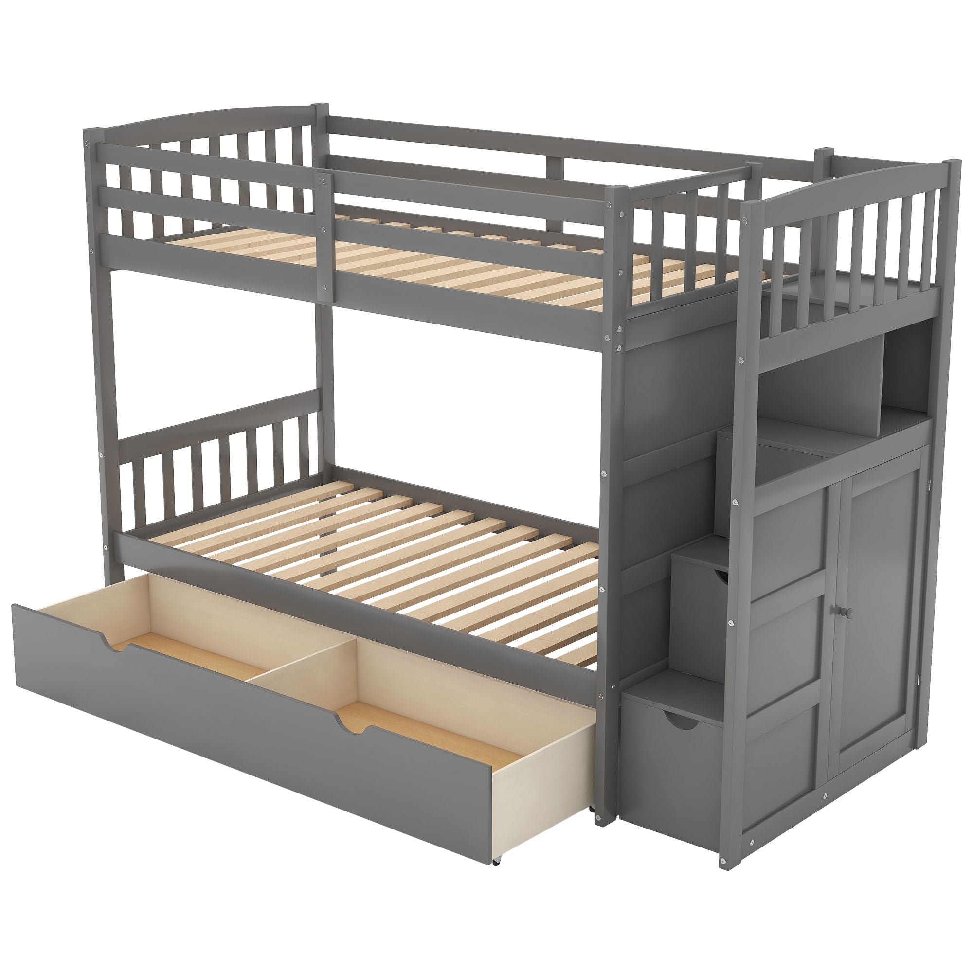 Twin over Full/Twin Bunk Bed;  Convertible Bottom Bed;  Storage Shelves and Drawers;  Gray