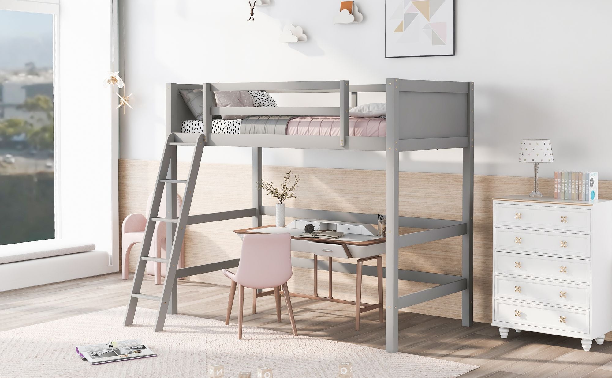 Solid Wood Twin Size Loft Bed with Ladde