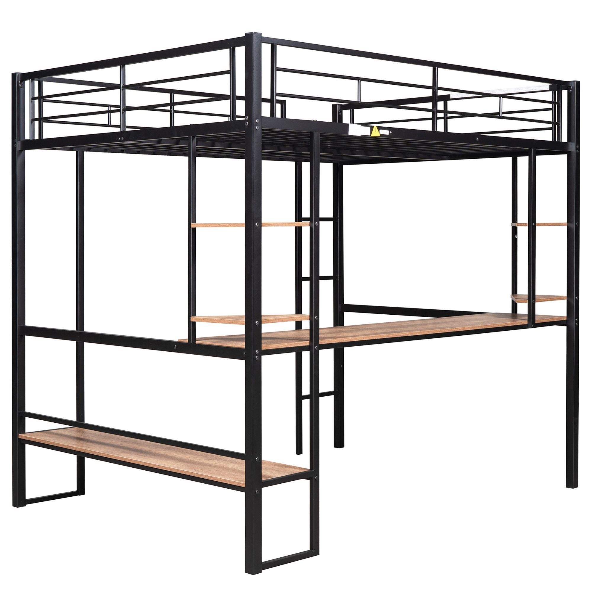 Full Size Loft Metal&MDF Bed with Long Desk and Shelves; Black