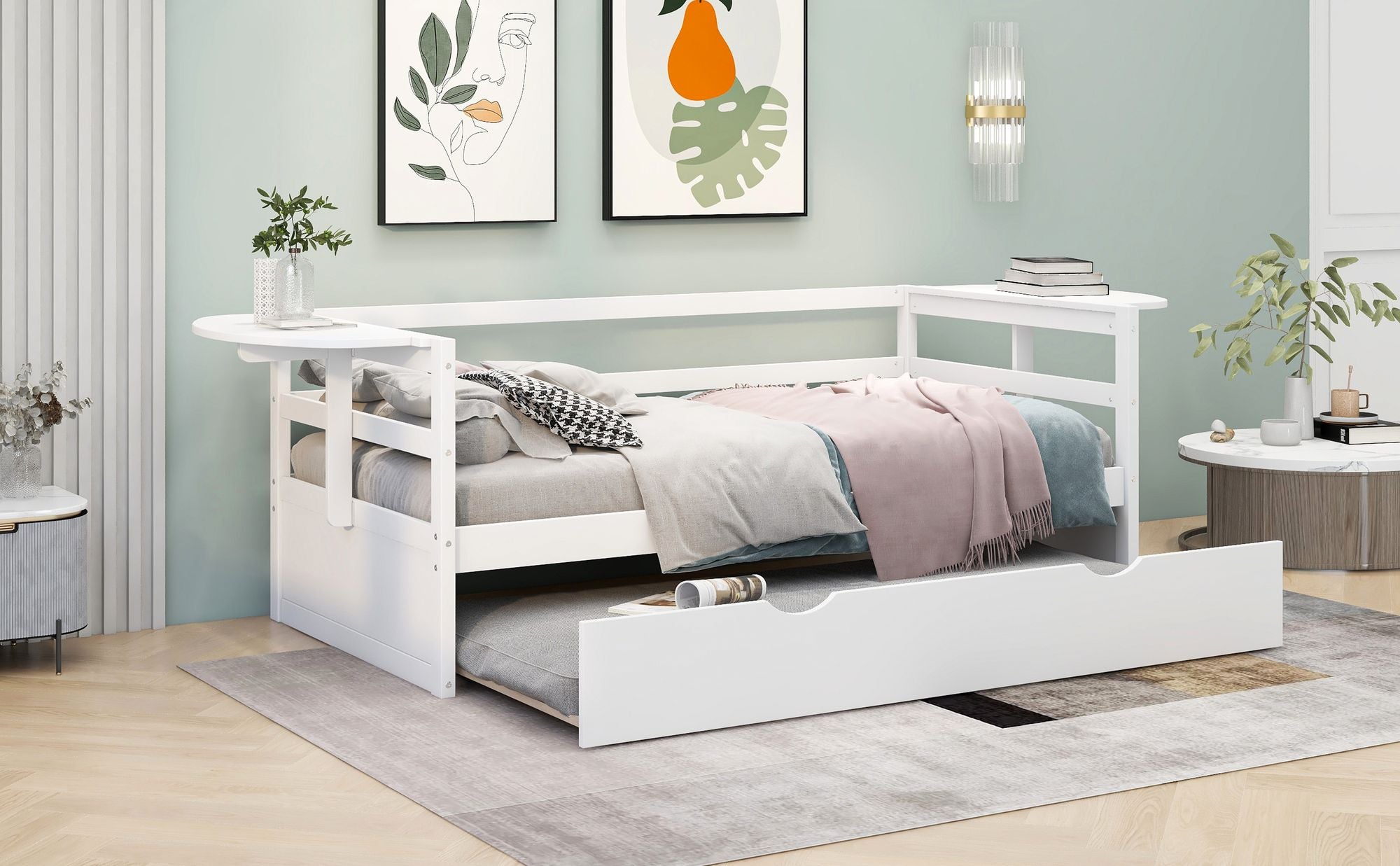 Twin Size Daybed with Trundle and Foldable Shelves on Both Sides