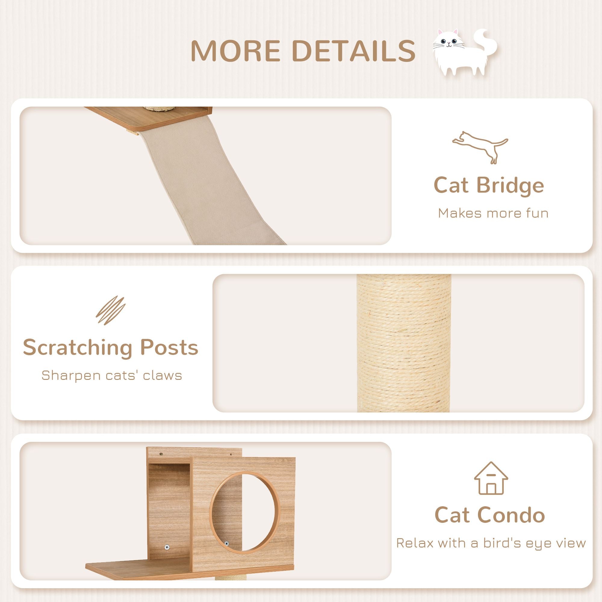 PawHut Wall-Mounted Cat Tree - Multi-Level Activity Tower with Sisal Scratching Posts & Cozy Interior Condo for Cats