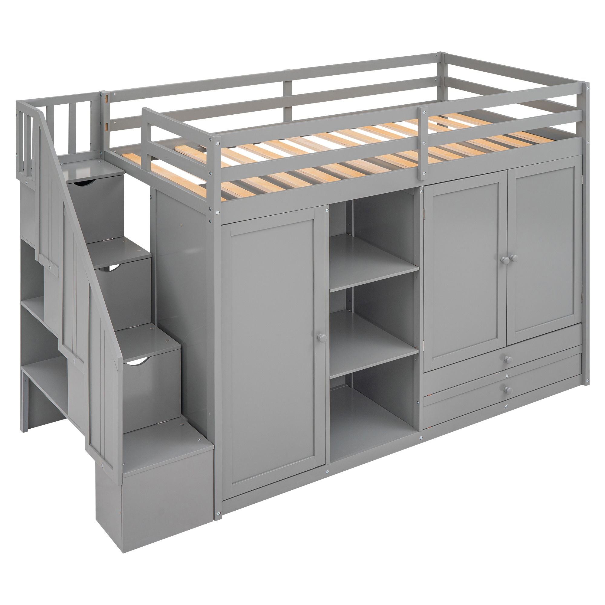 Functional Loft Bed with 3 Shelves;  2 Wardrobes and 2 Drawers;  Ladder with Storage;  No Box Spring Needed