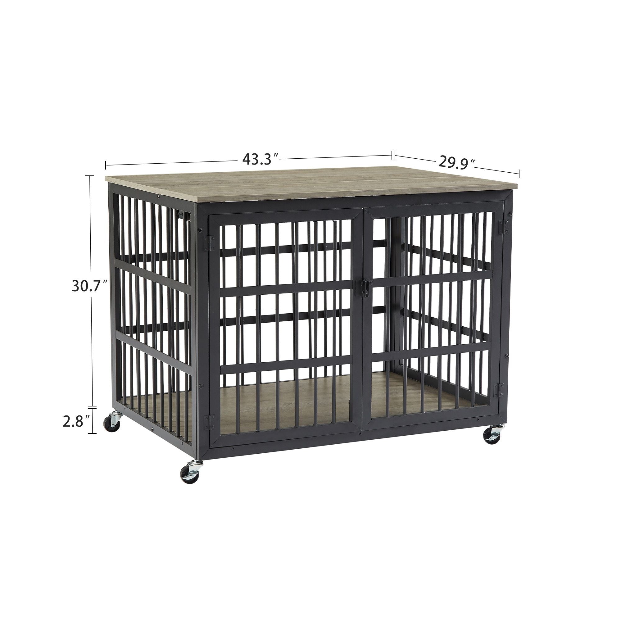 Furniture style dog crate wrought iron frame door with side openings, Grey, 43.3''W x 29.9''D x 33.5''H.