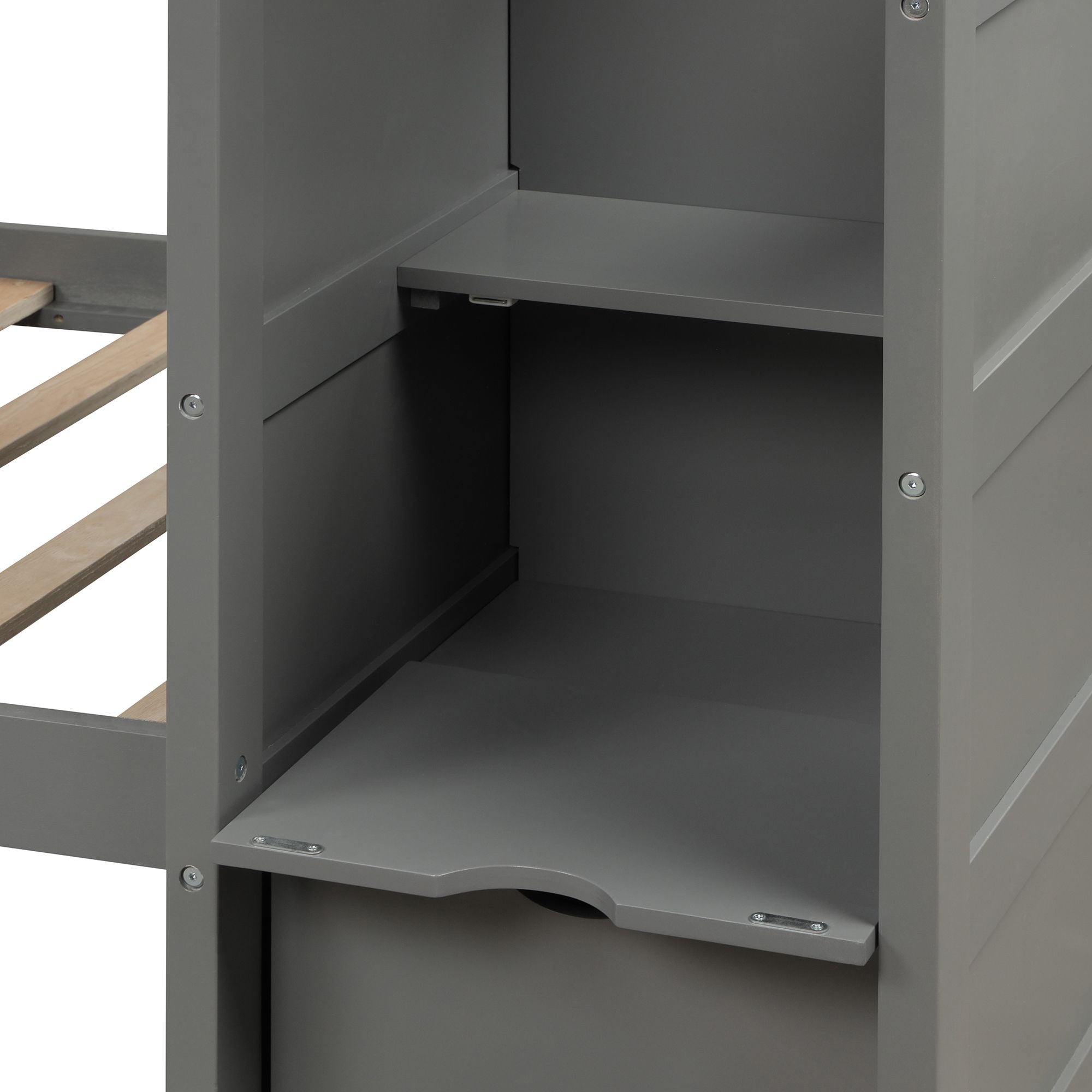 Twin over Full/Twin Bunk Bed;  Convertible Bottom Bed;  Storage Shelves and Drawers;  Gray